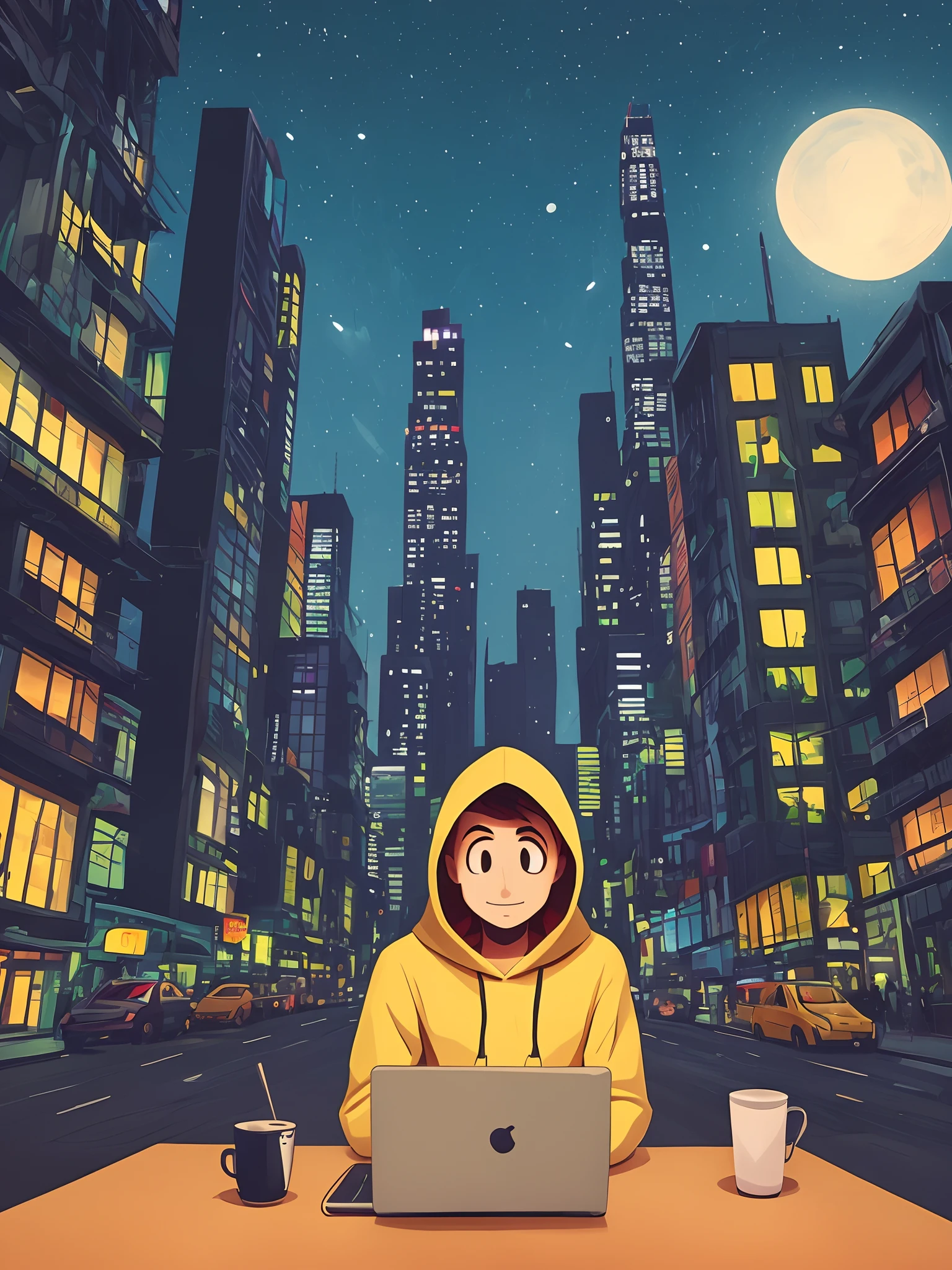Animated character with hood, sitting in front if laptop, behind night city