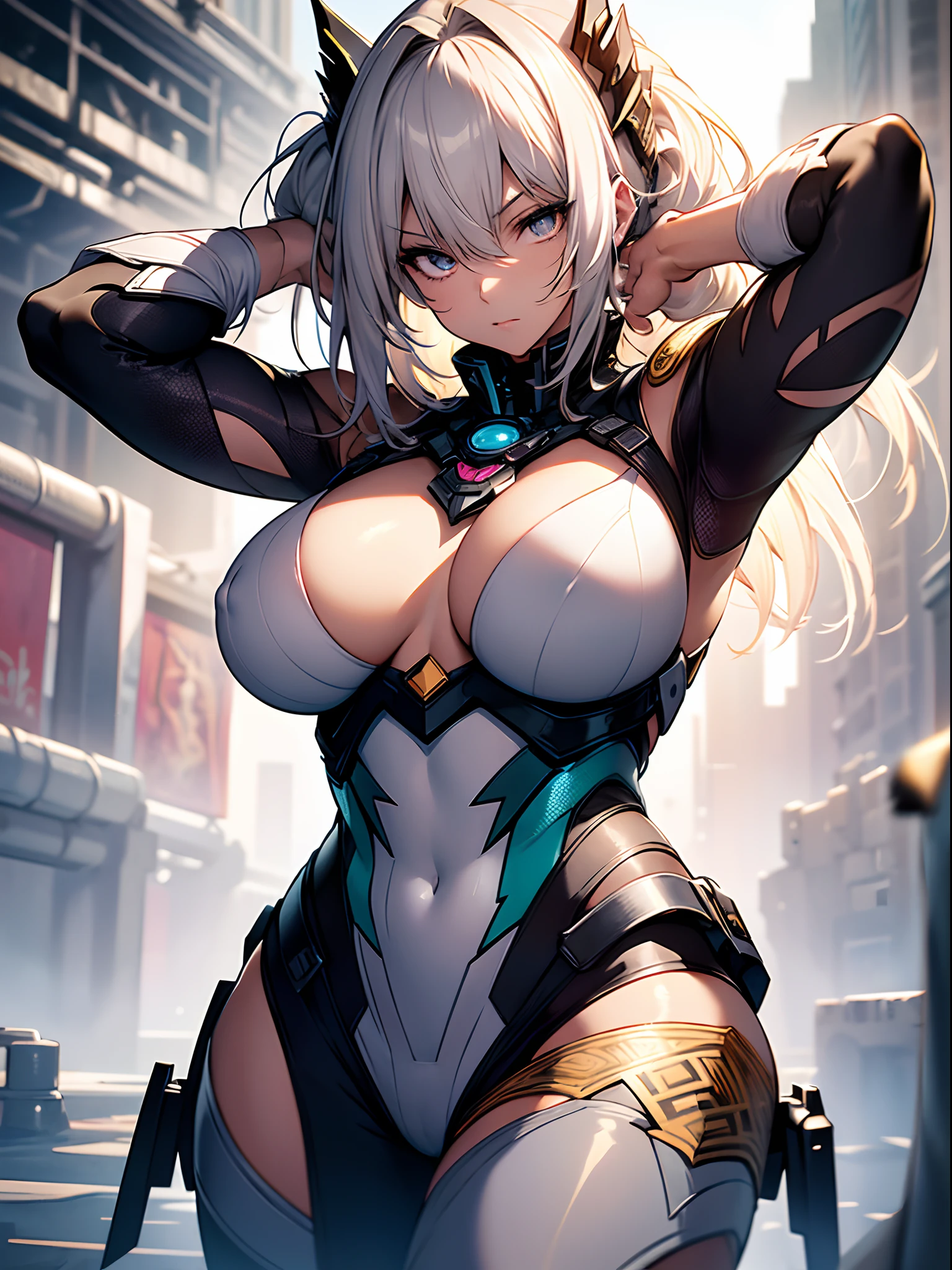 Comics style, Various full-body attack poses and immersive effects, Hover effect, Graphite style background in light colors, (finely detailed beautiful eye: 1.2), Beautuful Women, (finely detailed  eyes and detailed face:1.3), (beautiful and clear background:1.2), (extremely details CG, Best Shadow:1.1), Depth of field and blur, (White background:0.5), (Very thin and beautiful: 1.1), (perfect  detail: 1.1) Doodle style background, digitial illustration, Center, Dynamic, Highly detailed, Watercolor painting, art  stations, concept-art, Sharp Focus, art by:hyung tae kim, Full body shot, character sheets, Lightning Wave, beautiful anime watercolors, graffiti paint, intricate detailes, Illustration of proportions,rubbersuit, Colossal tits, clench your fists, Nipple float, Inorganic background, 1womanl, Exposing the chest, Raise your arms to show your armpits, Contrast enhancement, Depiction of dense hair, Depiction of detailed eyes, hiquality, Top image quality,