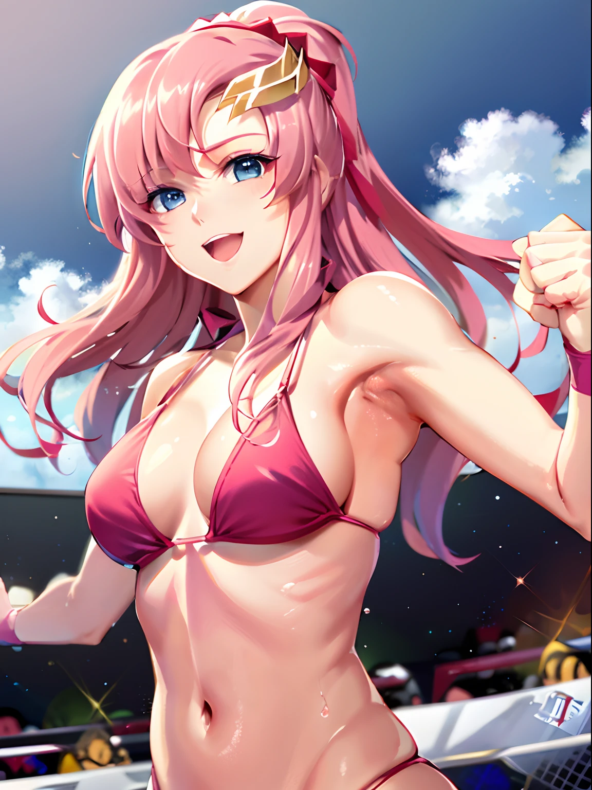 (masterpiece, upper body view, 4K, Best Quality, Anime style: 1.9,, Adult Woman, ultra detailed face, (cloud background, wrestling), Drawing lines, high resolution, Anime, lacus4), 1girl, Solo, curvy figure, Long hair, 鎖骨, scapular, (Detailed wide hair bangs, Hair Ornament, Detailed reddish-pink hair, golden crest), cleavage, large hands, (female wrestler). (Big blue eyes, shiny eyes), ((pro female wrestler, little biceps, slender body, broad shoulders, closed fists)), ((perfect proportions, medium breasts, long belly)), (((micro bikini, pink wrestling gear, champion))), happy, smile, open mouth, (belly dancing, looking at the viewer), tilt belly , showing off underarm, shaved armpit, (elegant lady)