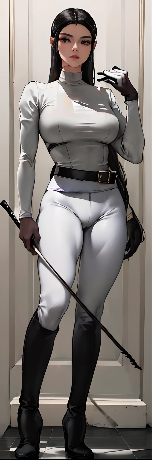 (highest resolution, distinct_image) best quality, a woman, solo, masterpiece, highly detailed, semi realistic, black cropped, black hair, bangs, 18 years old, mature, young, tall strong,(plain and simple uniform),( plain minimalist military uniform),(luxury hotel room background:1.2), cold, serious, tall, handsome, autocratic, powerful, exquisite facial features, exquisite facial features, (full body)(black knee-high boots:1.4)(dominatrix:0.3)(white Yoga pants:1.3),(black gloves:1.5)(long sleeves:1.2),(active white sportswear shirt:1.2),(princess Zelda),solo,1girl,(looking at viewer),(from below:0.8)(head turned upwards:0.3)(smiling:0.4)(bodysuit:0.2)(holding riding crop:1.2)(other hand empty)(muscular:0.2),(black belt), (shirt tucked in pants),(standing on ground), (marble floor),(cold colors:0.3)(harsh light:0.2)