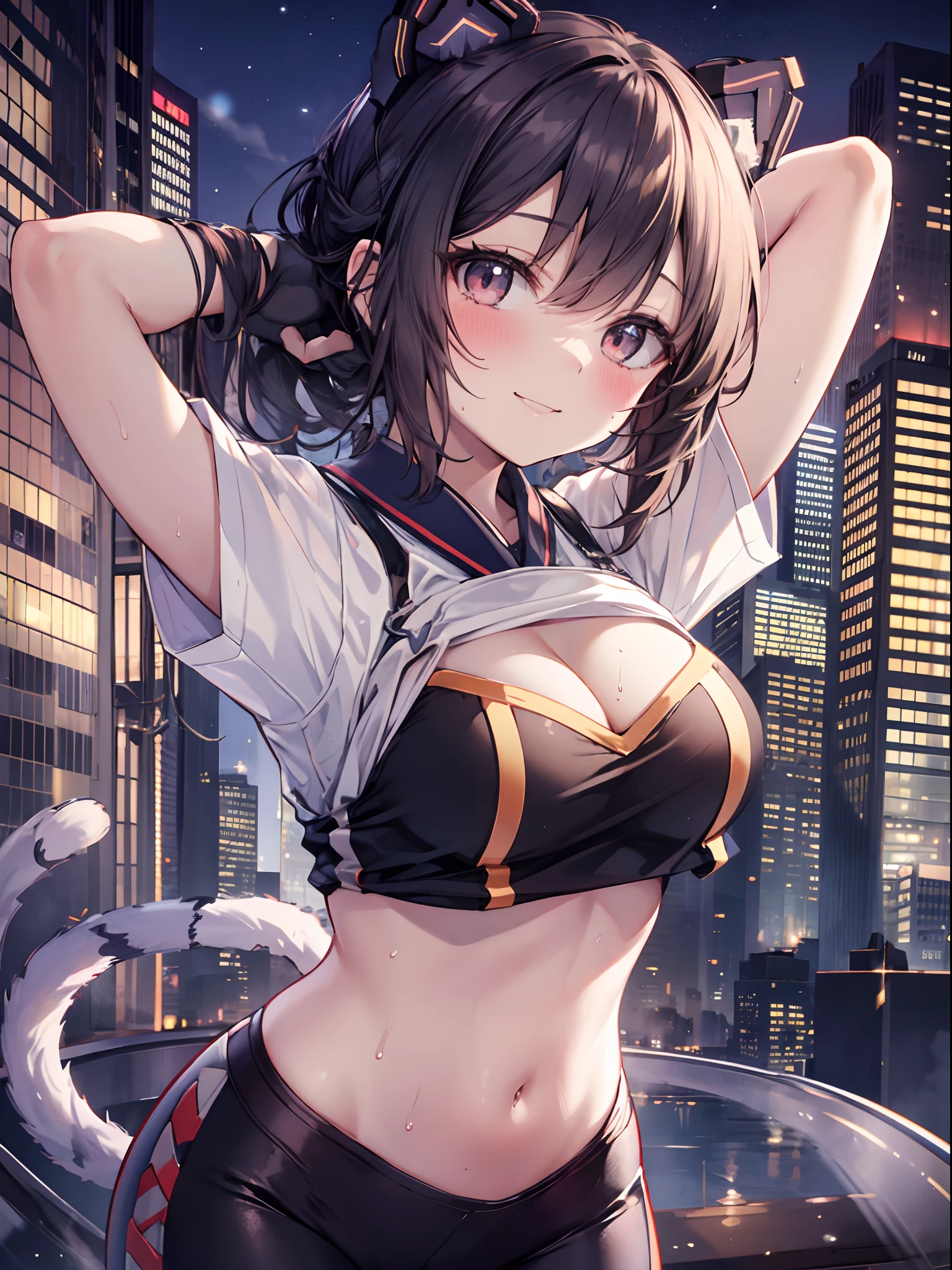 1girl in, (Chiquita:1.2), IP1, 1girl in, (Cat mask, croptop, Tight pants, Twin-tailed, Short sleeves, gloves), 
(Close Shot, Best Quality, hight resolution, 4K, Detailed Lighting, Shaders, NSFW), 

Smiling, blush, Sweat, 
Dynamic Pose, 
Skyscraper, Night, 
Looking at Viewer,
cleavage, arms up, 
Focus,