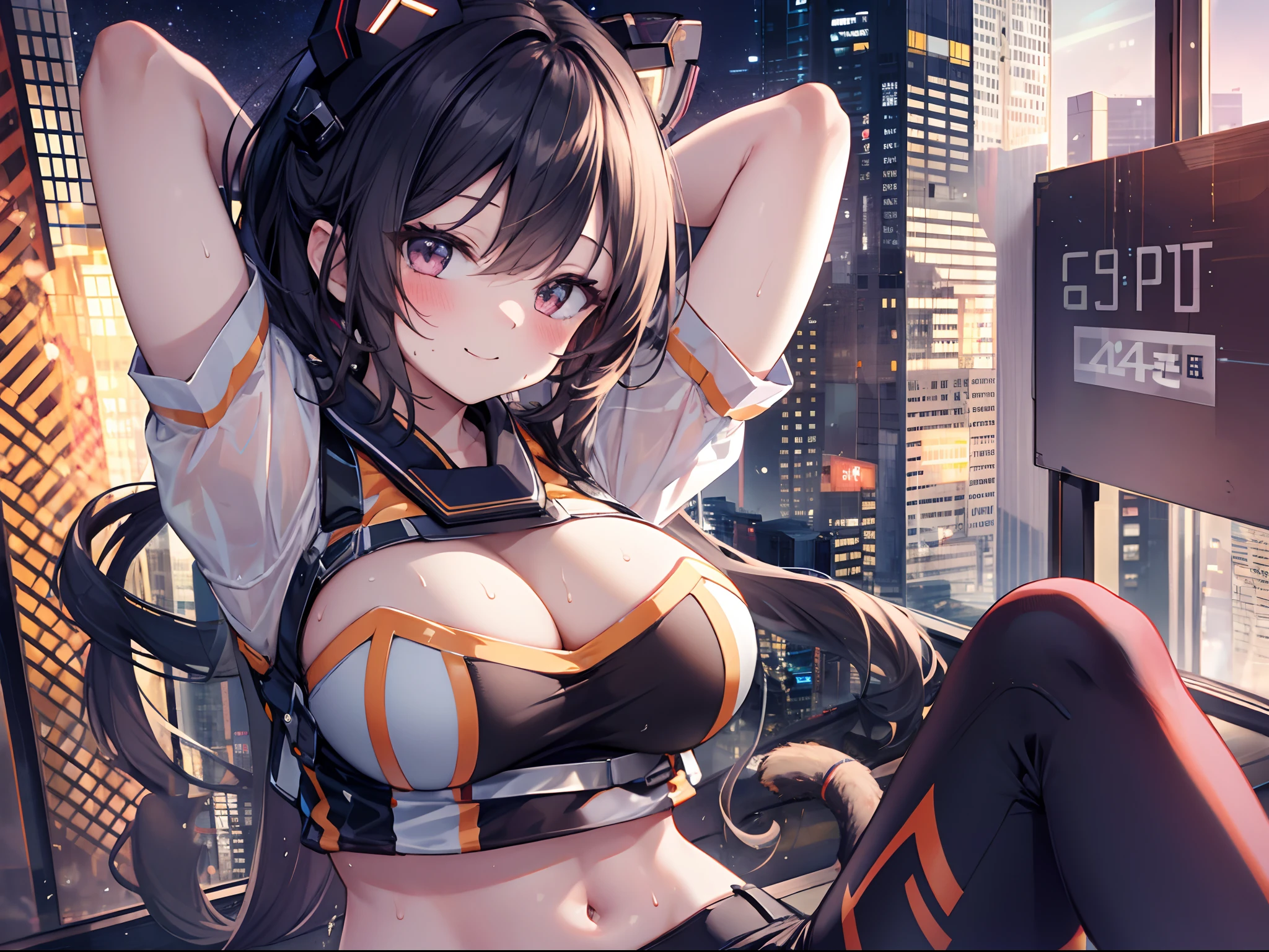 1girl in, (Chiquita:1.2), IP1, 1girl in, (Cat mask, croptop, Tight pants, Twin-tailed, Short sleeves, gloves), 
(Close Shot, Best Quality, hight resolution, 4K, Detailed Lighting, Shaders, NSFW), 

Smiling, blush, Sweat, 
Dynamic Pose, 
Skyscraper, Night, 
Looking at Viewer,
cleavage, Arms up, 
Focus,