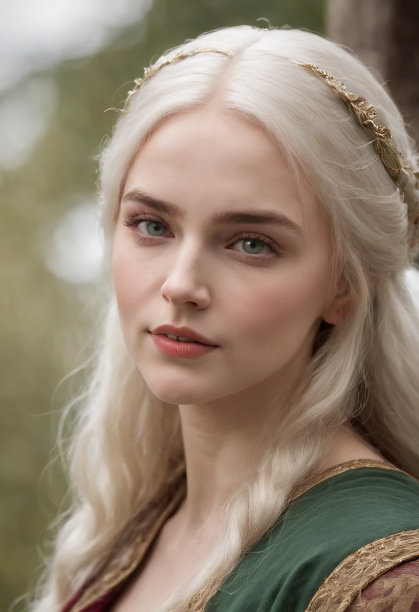 In a medieval setting, a fair-complexioned woman, approximately 19 years old, stood with grace and slender elegance. Her natural white hair cascaded down, complementing her distinctive green eyes, accentuated by the gentle application of kohl. Adorning medieval attire, she bore a deep reddish wound crossing her left cheek, adding a touch of rawness to her beauty. The candlelight cast a realistic and ultra-sharp focus on her features, painting a striking image amidst the tetradic colors of the surroundings.