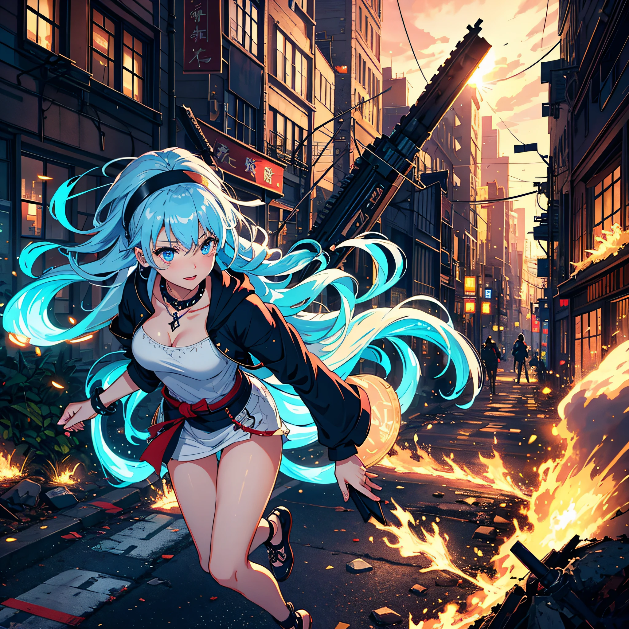 (top-quality、hight resolution、8k、masterpiece:1.2)。Curvaceous but slender、Muchimuchi Body、Grinning Female Wizard、Destroying buildings in a futuristic cyber city。Featuring double teeth, she wields magical powers.。With magic emitted from the right hand、Buildings and roads、Bolides、Next Bridge々and have collapsed、Scattered with burning debris。Rubble and pebbles float up、Covers her whole body。Although its power is overwhelming、At the same time it is in harmony with beauty。Depict the moment she is destroying a cyberpunk building with magic。Half-taken off hoodie、accessorized、mole、Eyebrows、double tooth、canine teeth、poneyTail、Muscular nose、Clear detailed blue eyes、Blue-haired、red blush、The long-haired、a choker、Fleshy lips、Physical beauty、well-muscled、Raise bangs in a headband、Oforehead、Mysterious fashion、Street Fashion、Anime style、animesque、Site after the earthquake、Oversized trousers、unreal、Depiction in motion、Fashion in white and blue tones、Vandalism、Decaying buildings、the fire、Fire incident、tornado、Must-win poses、Backgrounds with depth、Equipped with a Japan sword on the back、Equipped with a Japan sword on his right hip like a samurai、Flame Magic、Wizard Equipment、Light equipment、a necklace、Bracelets、Misanga、arm band、Tattoo on the shoulder、espadrilles、thunder、Roaring thunder、lightning bolt、tornado、colorful backdrop、Thunder in the hand、Light and Wall Co-star、Little green-eyed black cat supporting magic attack overhead