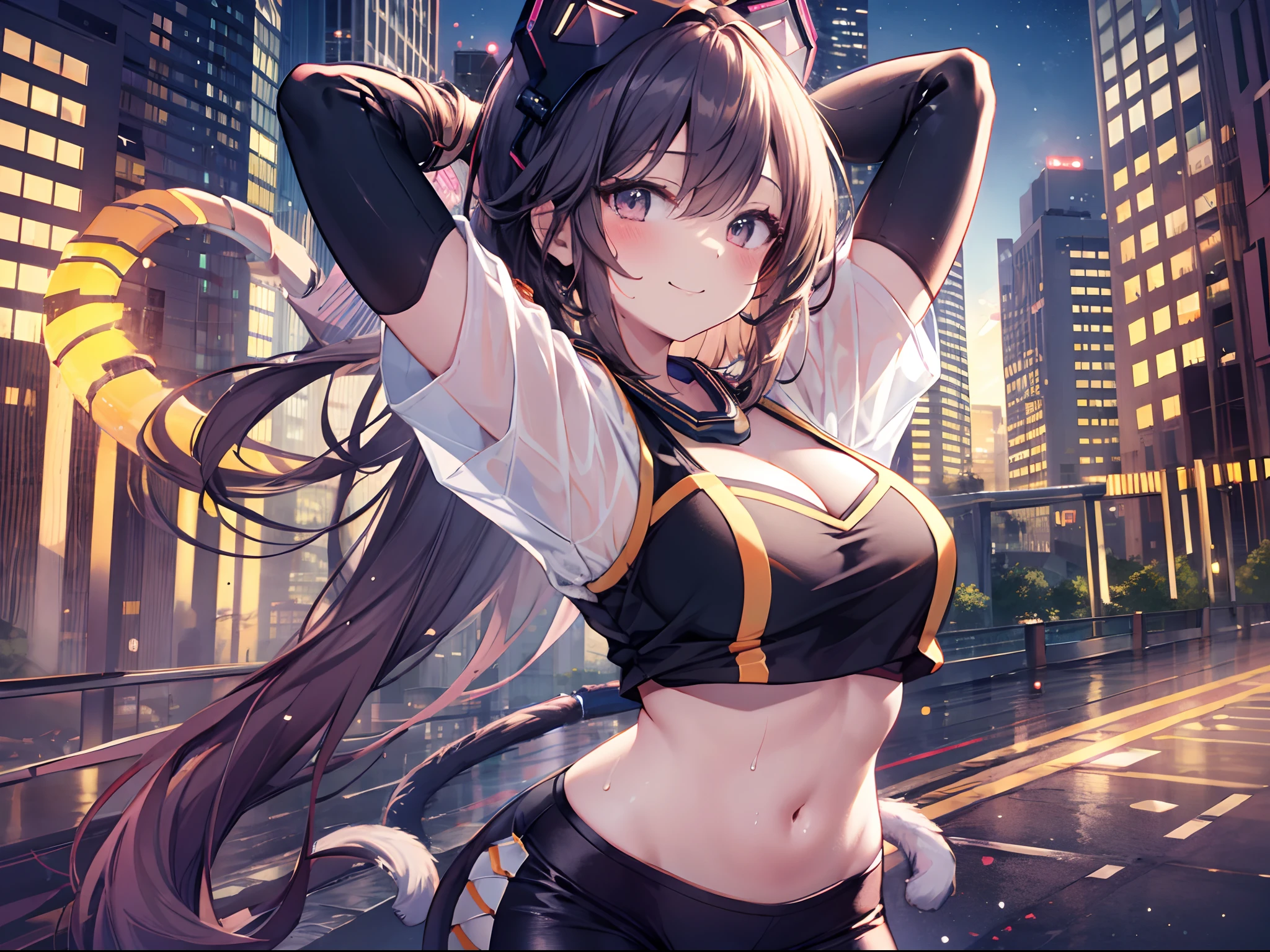 1girl in, (Chiquita:1.2), IP1, 1girl in, (Cat mask, croptop, Tight pants, Twin-tailed, Short sleeves, gloves), 
(Close Shot, Best Quality, hight resolution, 4K, Detailed Lighting, Shaders, NSFW), 

Smiling, blush, Sweat, 
Dynamic Pose, 
Skyscraper, Night, 
Looking at Viewer,
cleavage, Arms up, 
Focus,