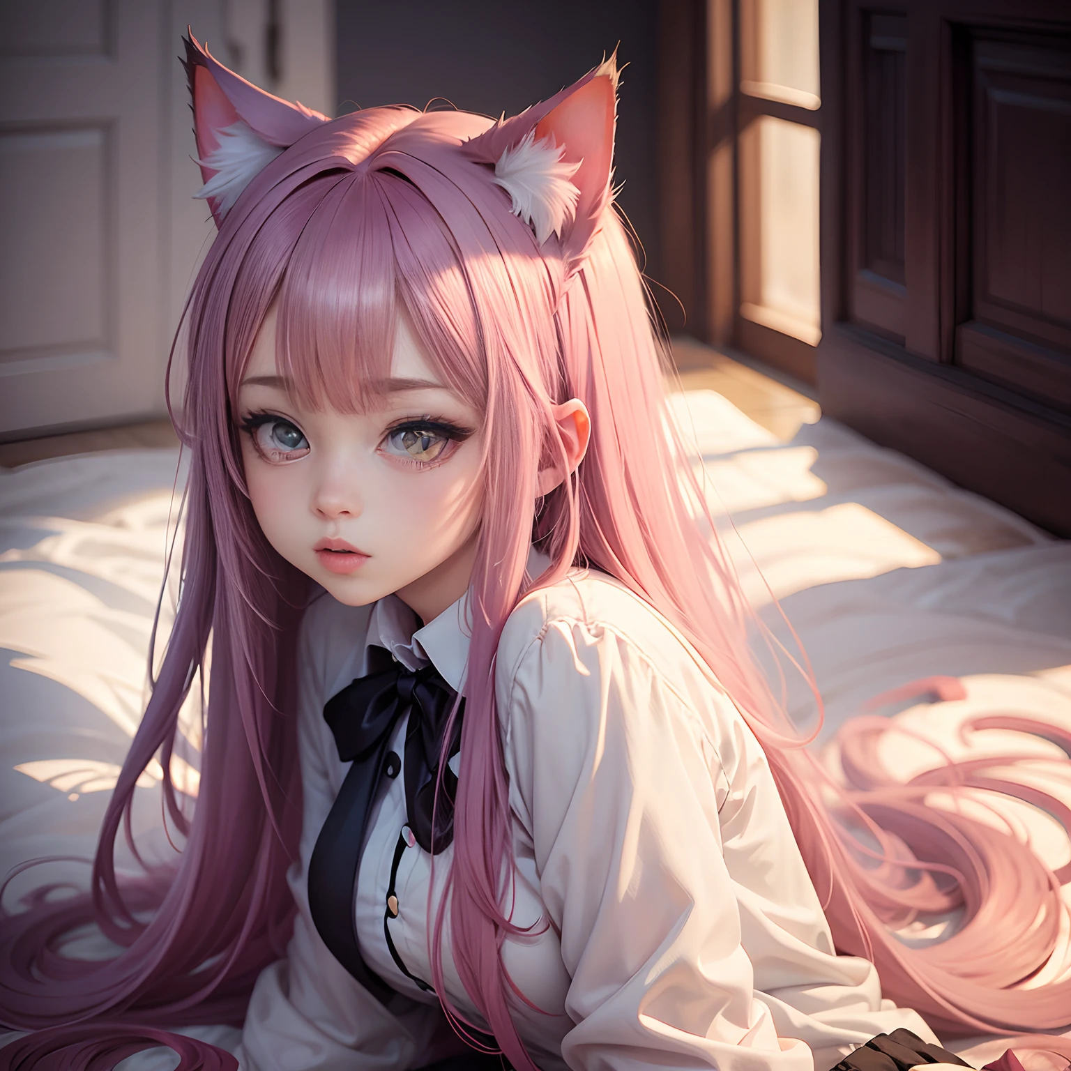 On the big white bed knelt a pink-haired girl about ,Lift your wrinkled skirt with both hands,Blush and shy