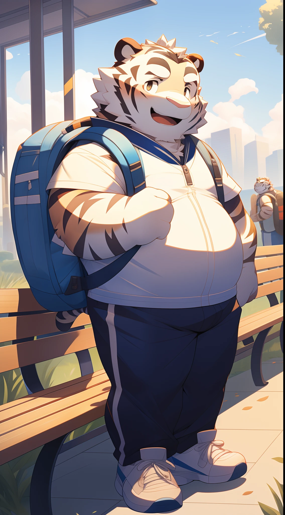 Anthropomorphic white tiger,male people,岁,Thick eyebrows,blue stripe,hairy bodies,Chubby body,Yellow backpack,Wear a white vest,White sneakers,blue short pants,Sit on a bench and wait for a friend,ssmile,looking toward the viewer,adolable,Solo,Side angle,Full body photo