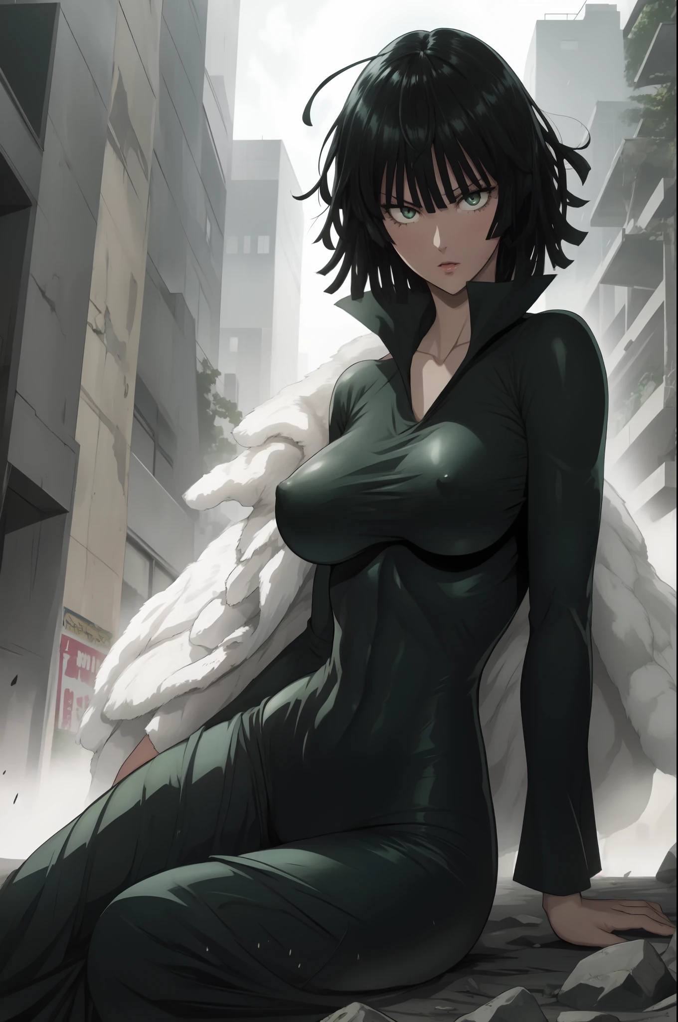 fubuki from one punch man, green eyes, short deep green hair, wearing bodysuit, sitting on a destroyed city, cinematic shadow, cinematic fog, rainy weather, blushing cheeks, joyful expression, dynamic pose, big breast, big hips, NSFW. Big body, wet body,