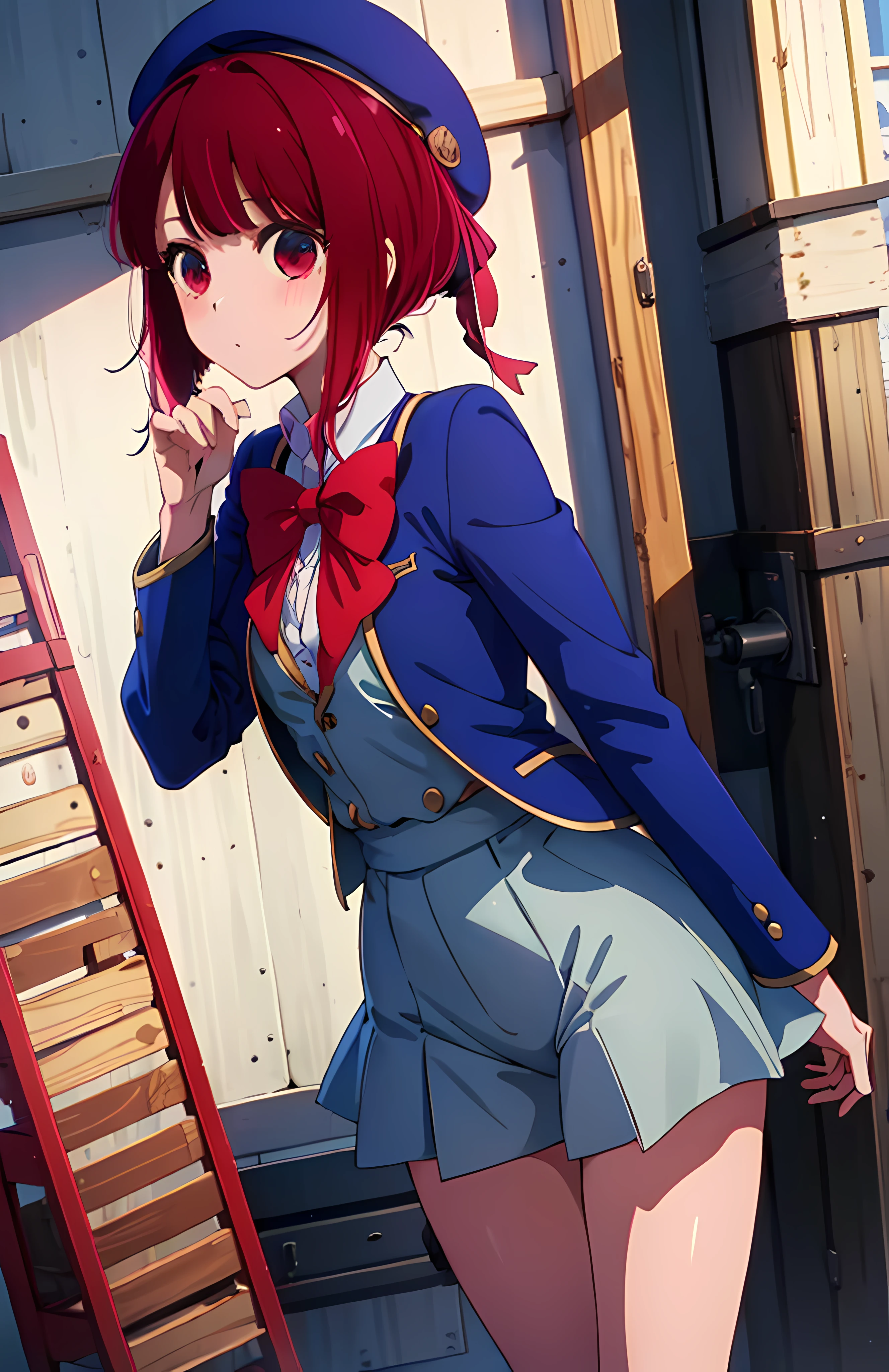 (masterpiece, best quality, highres), arima kana (oshi no ko), school_uniform, blue beret, pink_red bowtie, blue_jaket, miniskirt