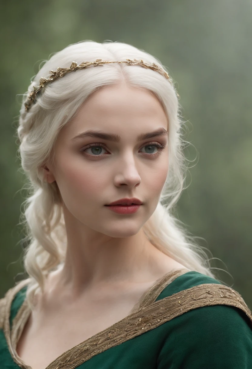 In a medieval setting, a fair-complexioned woman, approximately 19 years old, stood with grace and slender elegance. Her natural white hair cascaded down, complementing her distinctive green eyes, accentuated by the gentle application of kohl. with full Nude Body she bore a deep reddish wound crossing her left cheek, adding a touch of rawness to her beauty. The candlelight cast a realistic and ultra-sharp focus on her features, painting a striking image amidst the tetradic colors of the surroundings.