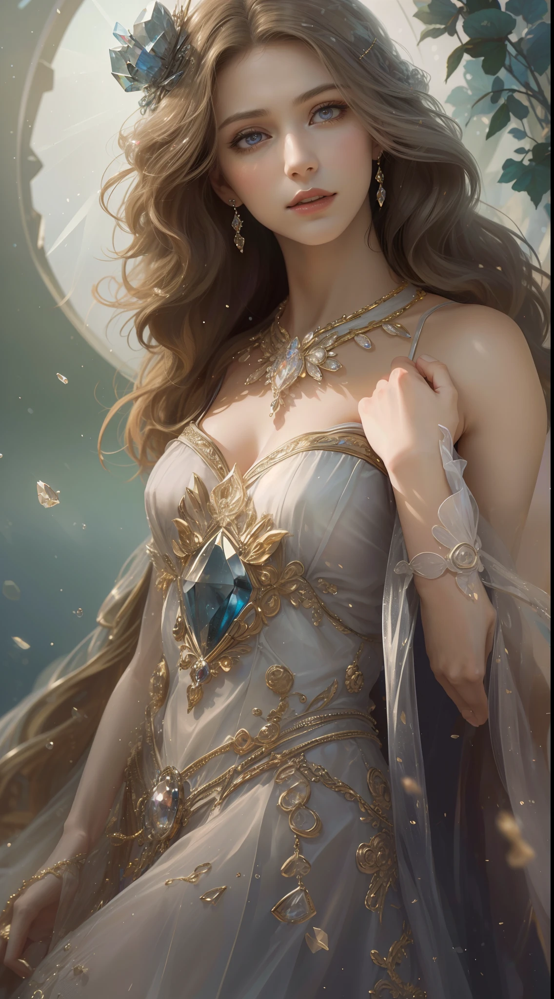 (Best quality,8K,A high resolution,Masterpiece:1.2),Ultra-detailed,(Realistic,Photorealistic,photo-realistic:1.37),Portrait,Creative style artwork,Historical,classical,Sophisticated,plethora of colors,Highly detailed,Soft lighting,luxurious environment,Delicate fairy flowing dress,Vibrant flowers,detailed jewellery,Ethereal atmosphere,Elegant Pose,Graceful curves,Gold body proportions,Flowing hair,Breathtaking textile patterns,Clear shiny purple eyes,Delicate floral decoration,A dazzling array of crystal diamond fittings,Mysterious and dreamy atmosphere,Impeccable attention to detail.