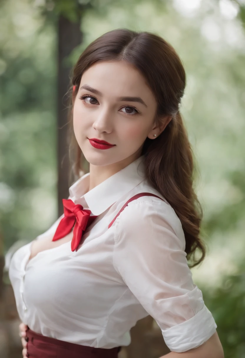 1girl, solo, small breasts, suspender skirt, white shirt, red bowtie, happy