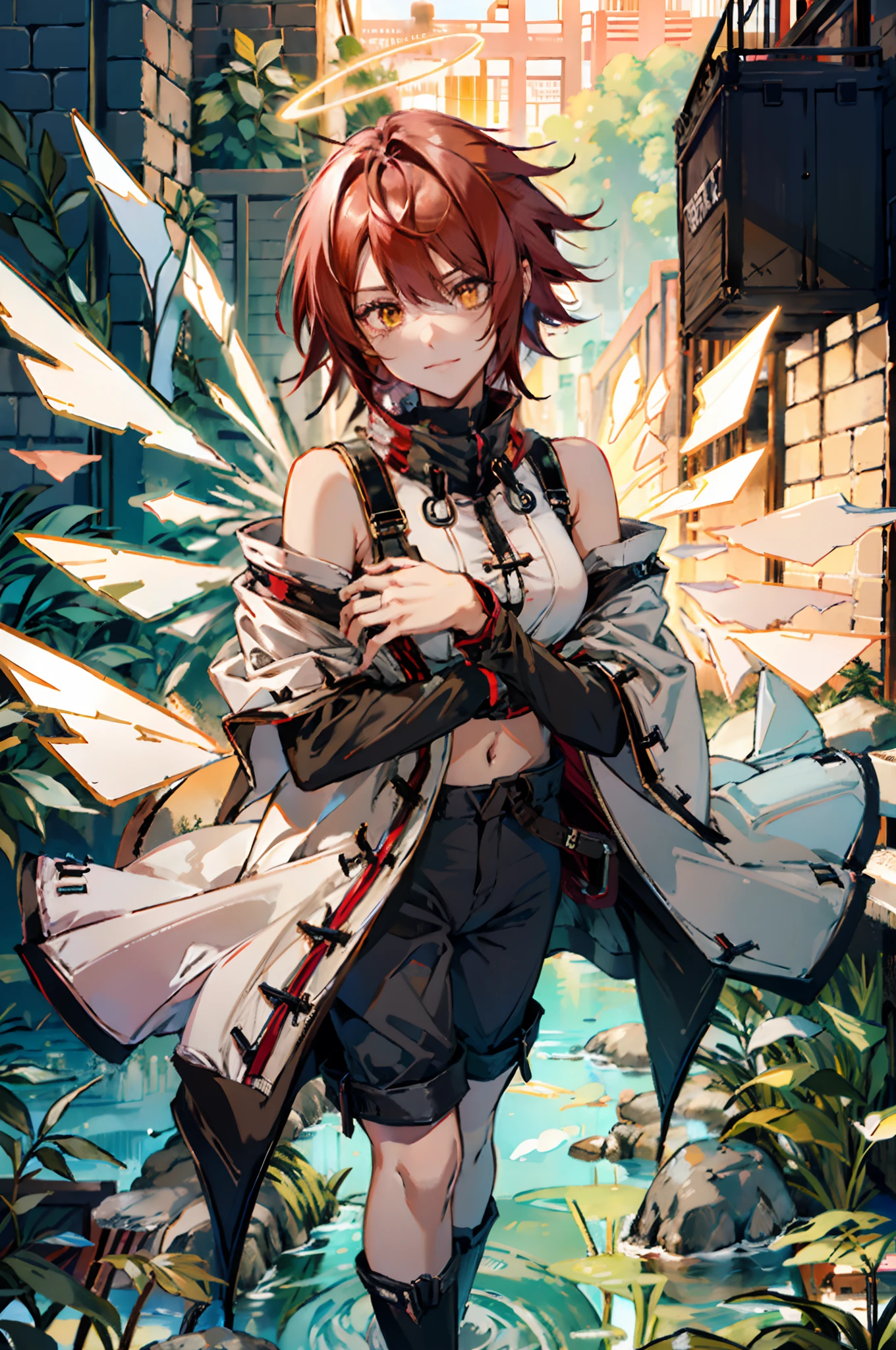 Pure sky，mechanical leg，Black mechanical legs，Plump legs，Red gem setting，Anime girl standing gracefully on the ground，Black cape and red hair, rogue anime girl, Anime girl standing, Wearing a cloak on the blasted plain, asuka suit under clothes!, angel girl, badass posture, mechanic punk outfit, anime styled 3d, render of a cute 3d anime girl, gapmoe yandere grimdark, Female character，musculature，Abs，glowing bright yellow eyes，Black hair with red gradient，short detailed hair，Bunched hair，Dull hair，（Muscle 2.0），Tomboyish，Be red in the face，looking at viewert，Elaborate Eyes，Black mechanical legs，huge tit，1.5，Put your hands in your pockets，ssmile，blacksilk，Straight big breasts，strappy，Black super short leather pants，White bandeau，Toothless smile，Lower breast，Mechanical wind，There are no cities，Side breasts，Excitation，Top crotch，Sexy lower abdomen，extremely large bosom，High-fork panties，looking at viewert，nabel，chest-hugging，The halo，dynamicposes，Tall anime girl，cropped shoulders，Clean and pure sky，Place the index finger of your right hand in front of your mouth