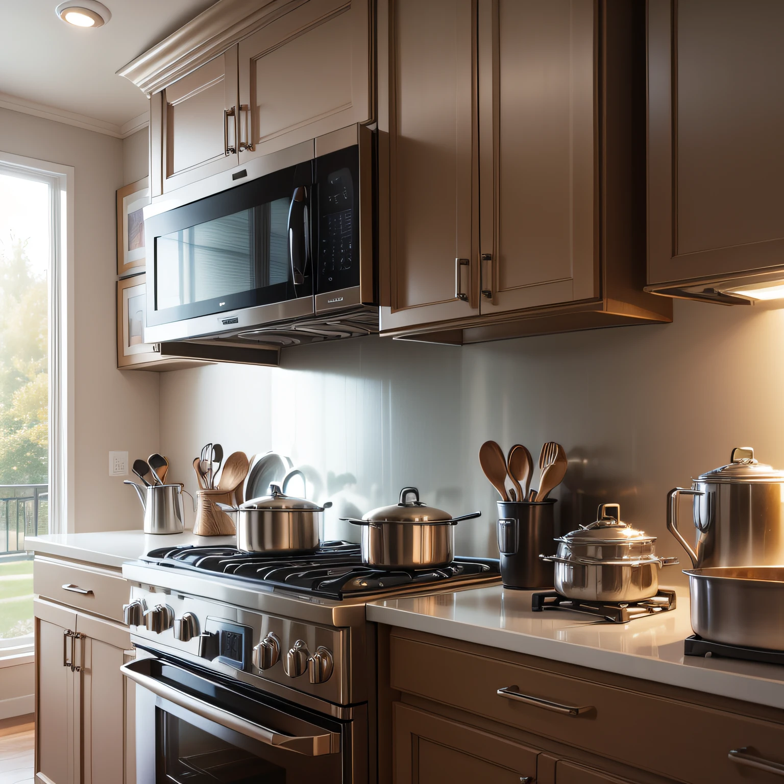 Bronze stainless steel appliances with a beautifully decorated kitchen