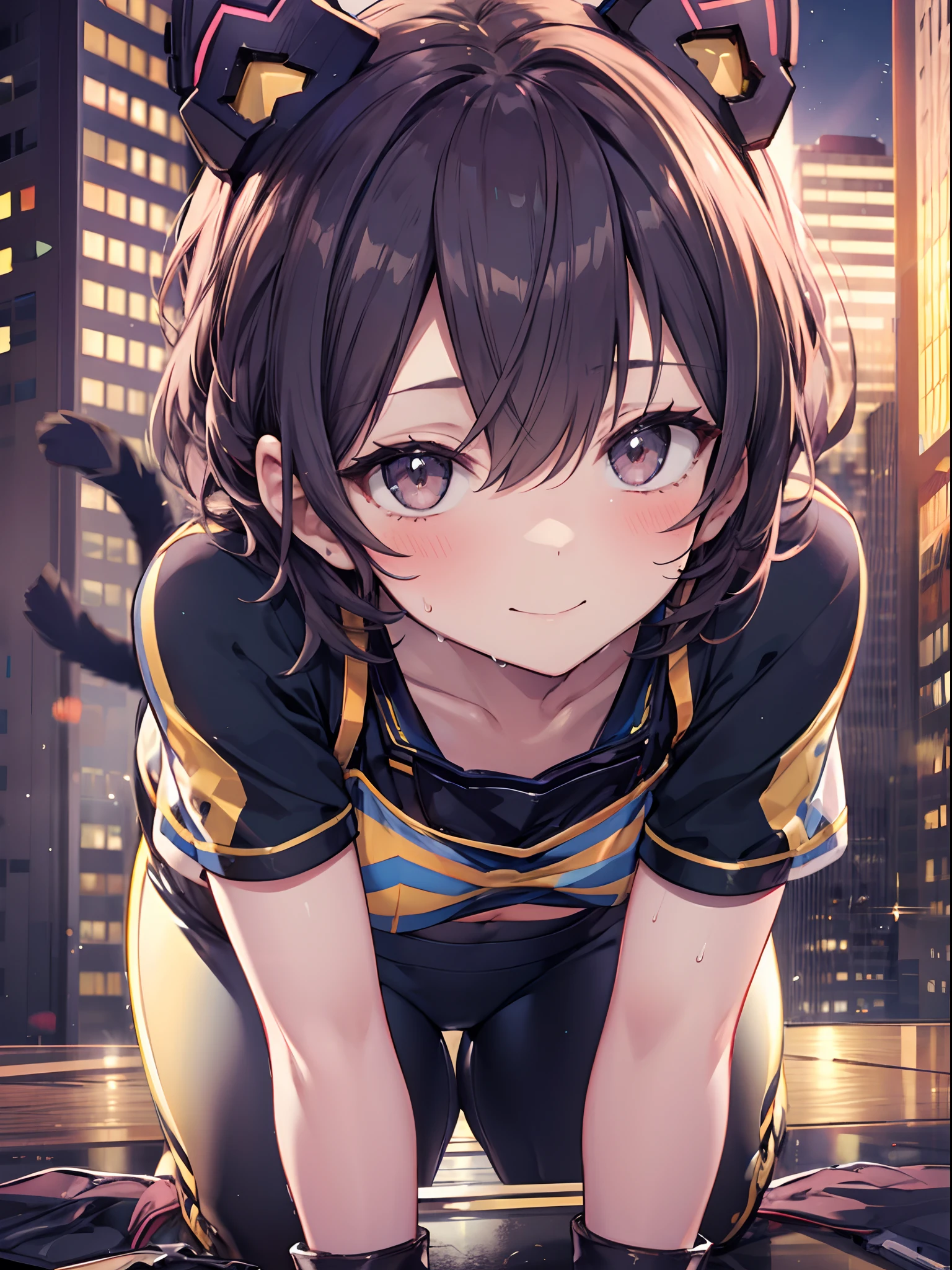 1girl in, (Chiquita:1.2), IP1, 1girl in, (Cat mask, croptop, Tight pants, Twin-tailed, Short sleeves, gloves), 
(Close Shot, Best Quality, hight resolution, 4K, Detailed Lighting, Shaders, NSFW), 

Smiling, blush, Sweat, 
all fours, 
Skyscraper, Night, 
Looking at Viewer,
 
Focus,