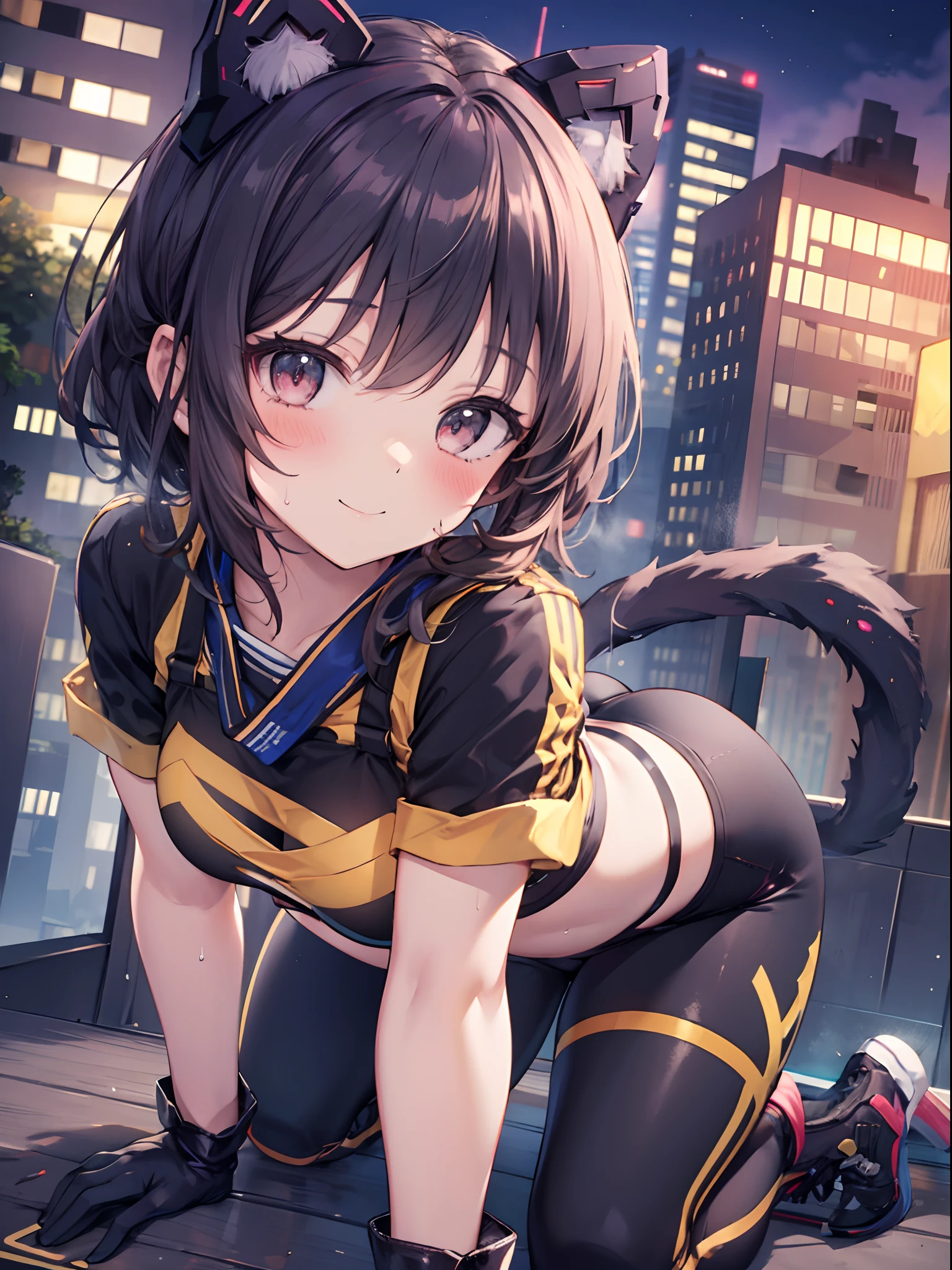 1girl in, (Chiquita:1.2), IP1, 1girl in, (Cat mask, croptop, Tight pants, Twin-tailed, Short sleeves, gloves), 
(Close Shot, Best Quality, hight resolution, 4K, Detailed Lighting, Shaders, NSFW), 

Smiling, blush, Sweat, 
all fours, 
Skyscraper, Night, 
Looking at Viewer,
 
Focus,