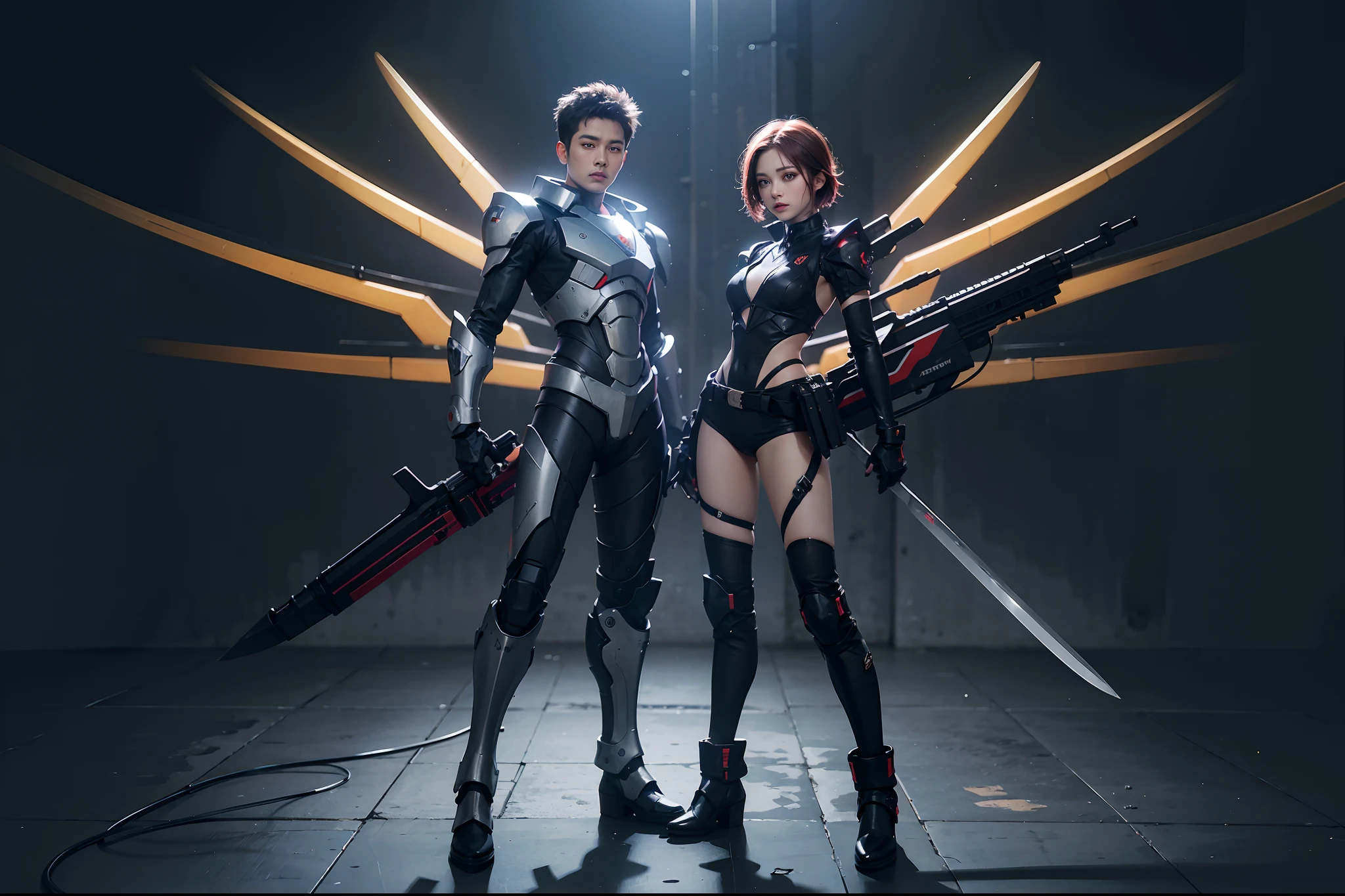 （globalillumination、Full body photo，独奏，Front Shooting，radiography、GameCG,hdr、The rendering is not realistic、reasonable design、high detal、in a panoramic view、best qualtiy、hyper HD），Girl in mecha armor，Delicate and sophisticated，Has a symmetrical texture，Take weapons，knifes，Punk elements，neon trim，