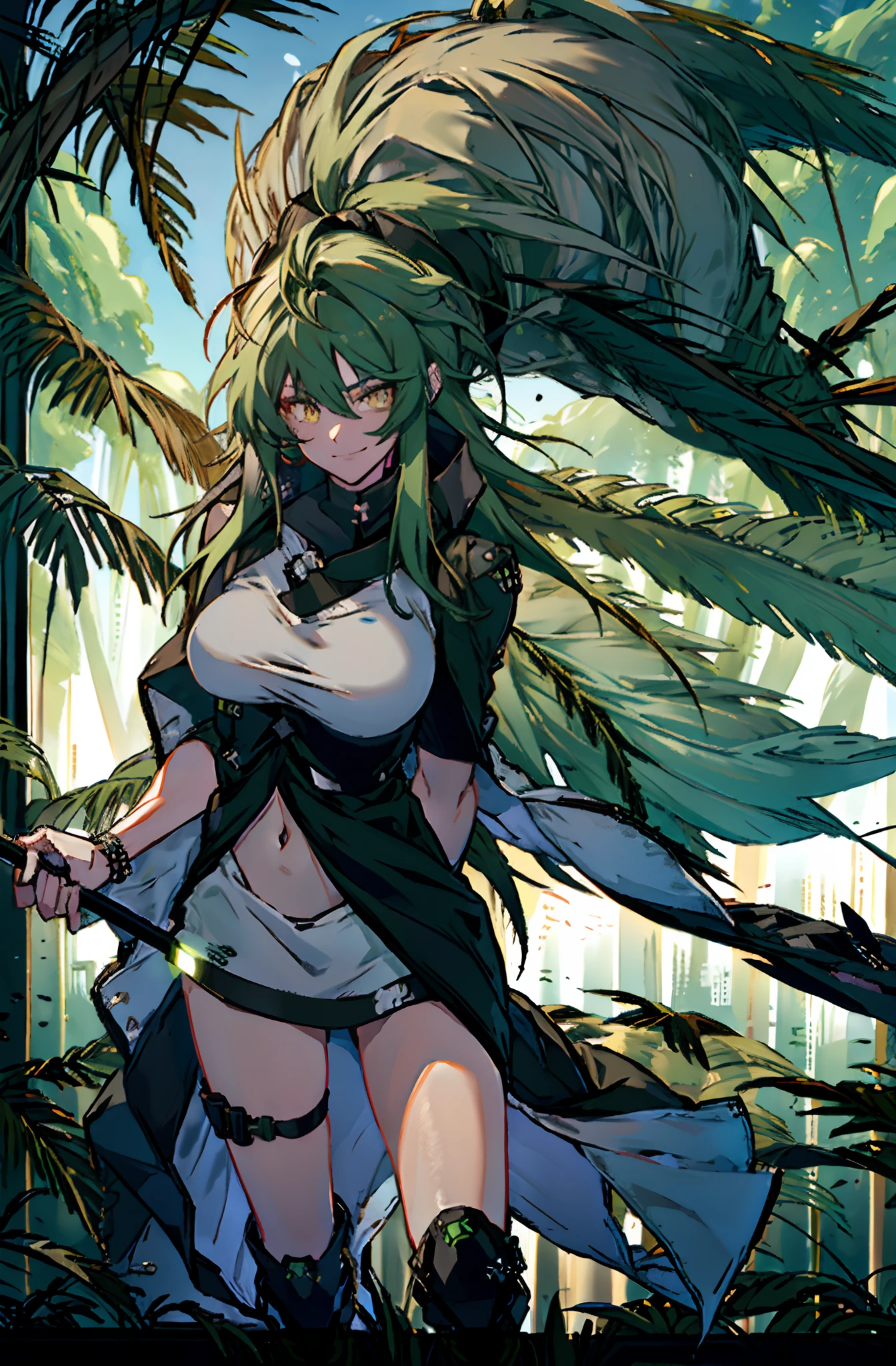 Pure sky，mechanical leg，Black mechanical legs，Plump legs，Green gem setting，Anime girl standing gracefully on the ground，Black cape and green hair, rogue anime girl, Anime girl standing, Wearing a cloak on the blasted plain, asuka suit under clothes!, Cyborg girl, badass posture, mechanic punk outfit, anime styled 3d, render of a cute 3d anime girl, gapmoe yandere grimdark, Female character，musculature，Abs，Glowing green eyes，Black hair with green gradient，extra very long hair，Bunched hair，Dull hair，（Muscle 2.0），Tomboyish，Be red in the face，looking at viewert，Elaborate Eyes，Black mechanical legs，huge tit，1.5，ssmile，Openwork black silk，Straight big breasts，strappy，Black openwork hot pants，White bandeau，Toothless smile，Lower breast，Mechanical wind，There are no cities，Side breasts，Excitation，Top crotch，Sexy lower abdomen，Camel toes，Big Green Knife，Sexy underarms，palmeiras