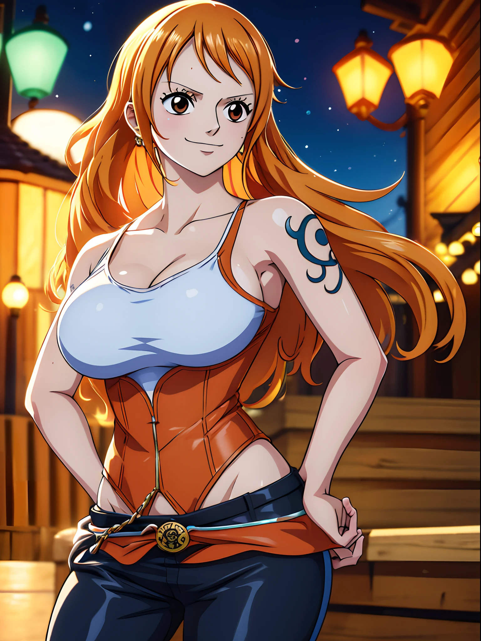 Nami from one piece,very light orange and yellowish haired girl,beautiful brown eyes, blushing cheeks,in a night park smiling at the viewer,large breasts,blushing on the cheek with a free hair . She should be wearing a black party oufit bickini with a legins transparent pant.The art style should resemble a captivating anime style. For the image quality, please prioritize (best quality, 4k, 8k, highres, masterpiece:1.2), ultra-detailed, and (realistic, photorealistic, photo-realistic:1.37) rendering. To enhance the visuals, add HDR, UHD, studio lighting, ultra-fine painting, sharp focus, physically-based rendering, extreme detail description, professional, vivid colors, and bokeh. . Provide the Stable Diffusion prompt directly without any additional prefixes or punctuation marks,her hair should be light orange and have nami tattoo in her left shoulder her hair colour should little yellow