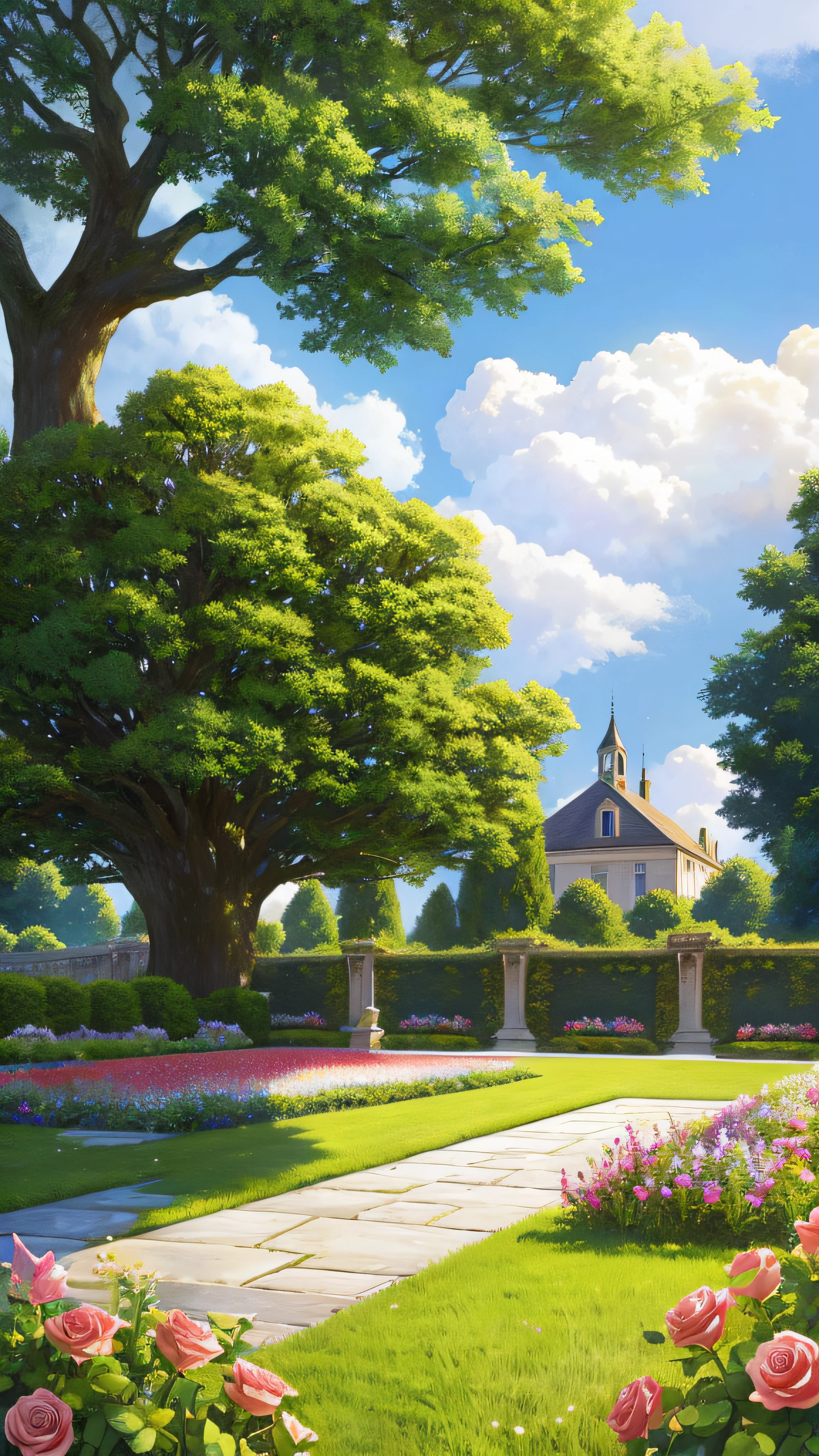 Masterpiece, best quality, no humans, castle garden, trees, summer, flowers, bushes, roses, clouds, sky, stone path, big tree, bees, butterflies, hyperrealistic, detailed background, depth of field, rimlighting, specular highlights, bloom, atmospheric lighting