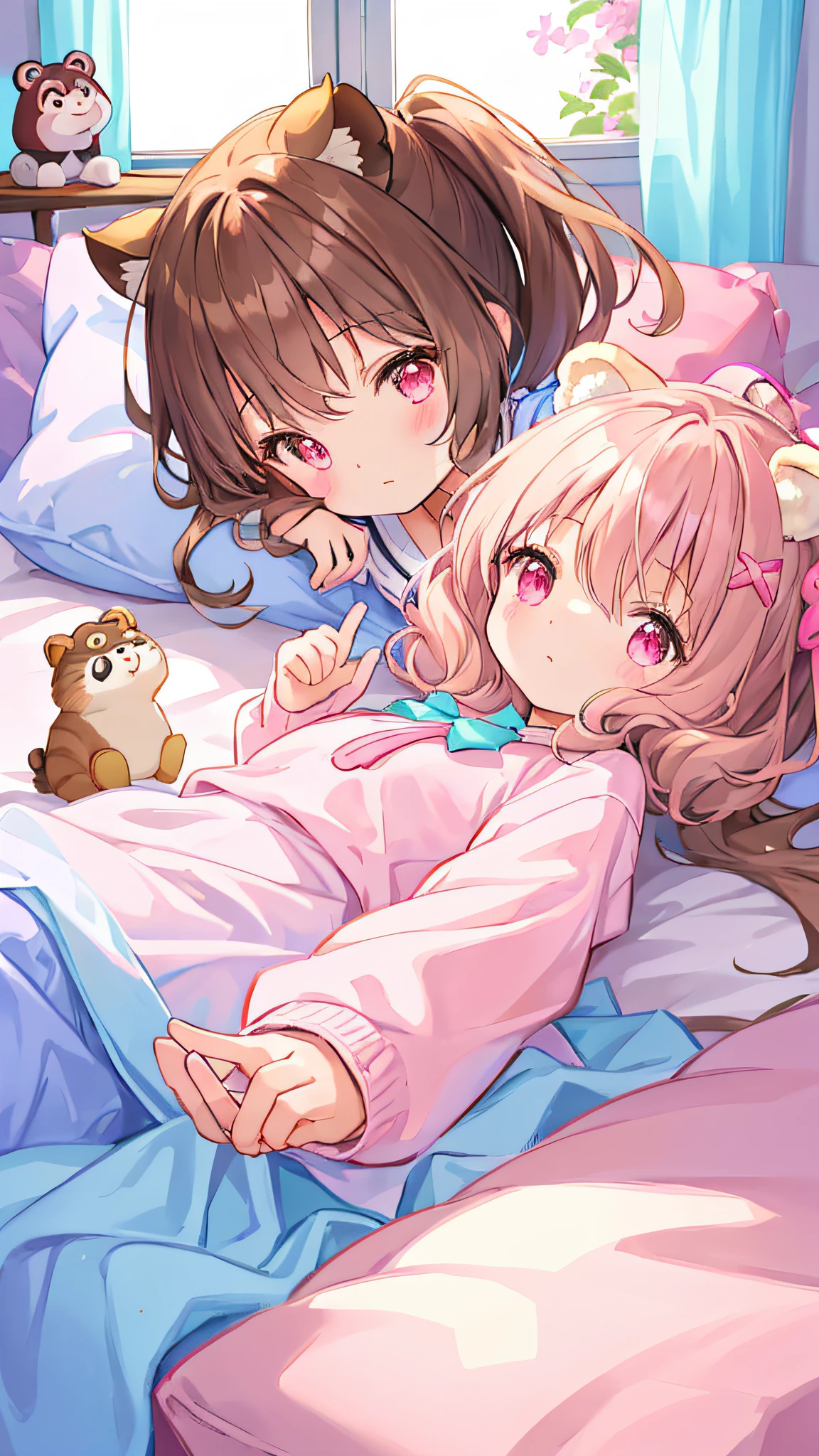Beautiful illustration、top-quality、Cute little girl s、Bedroom、PastelColors、Fluffy tanuki ears、小柄、brown haired、Bright lighting、bright pink eyes、Pony tail
