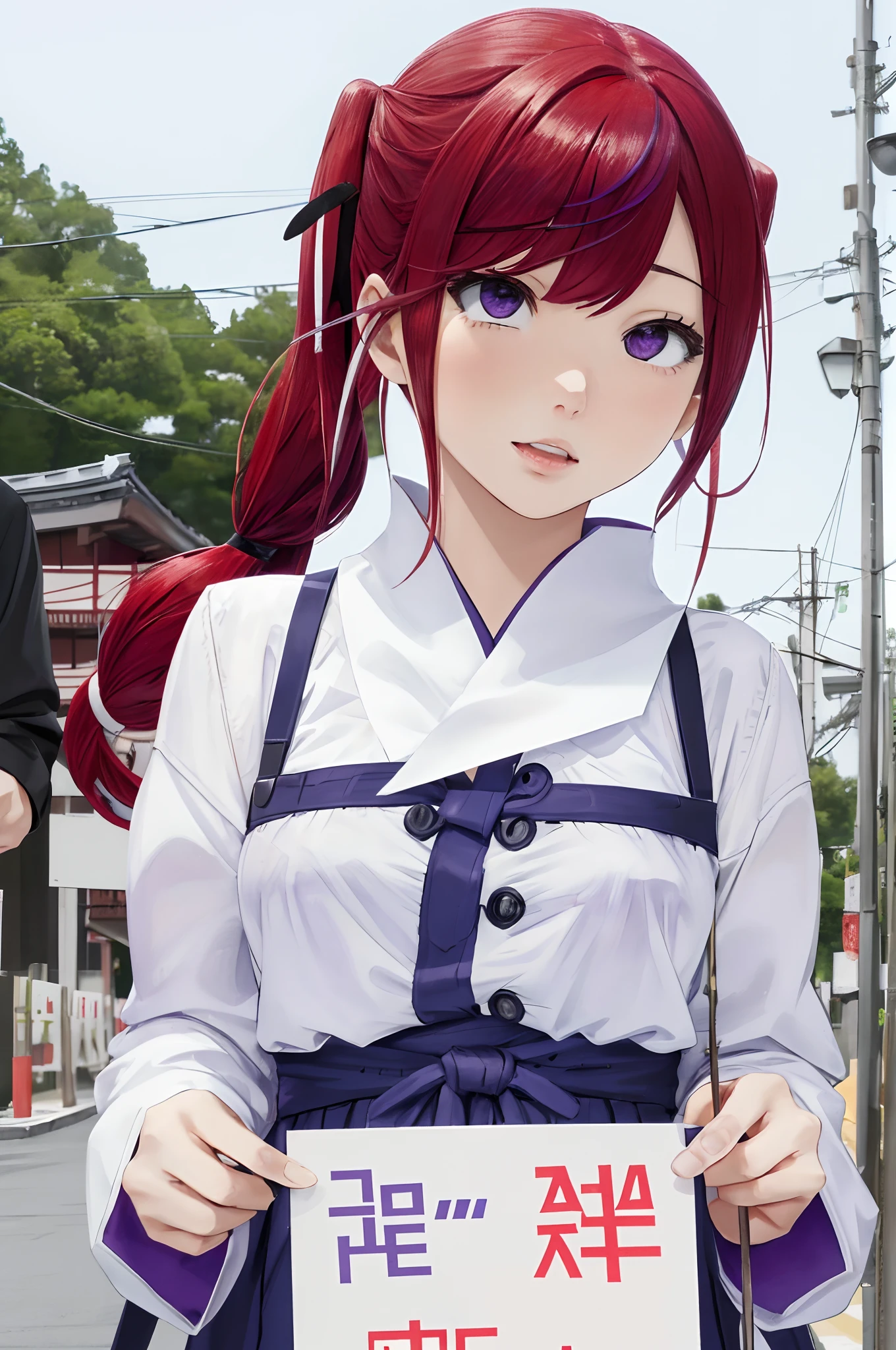 Holding a placard、Background white、Photorealsitic, hight resolution, 1 rapariga, Korea person, Heterochromia eyes, a purple eye、Blunt bangs、red hairs、1girl in, masutepiece, Best Quality, High quality, Twin-tailed、Ahegao