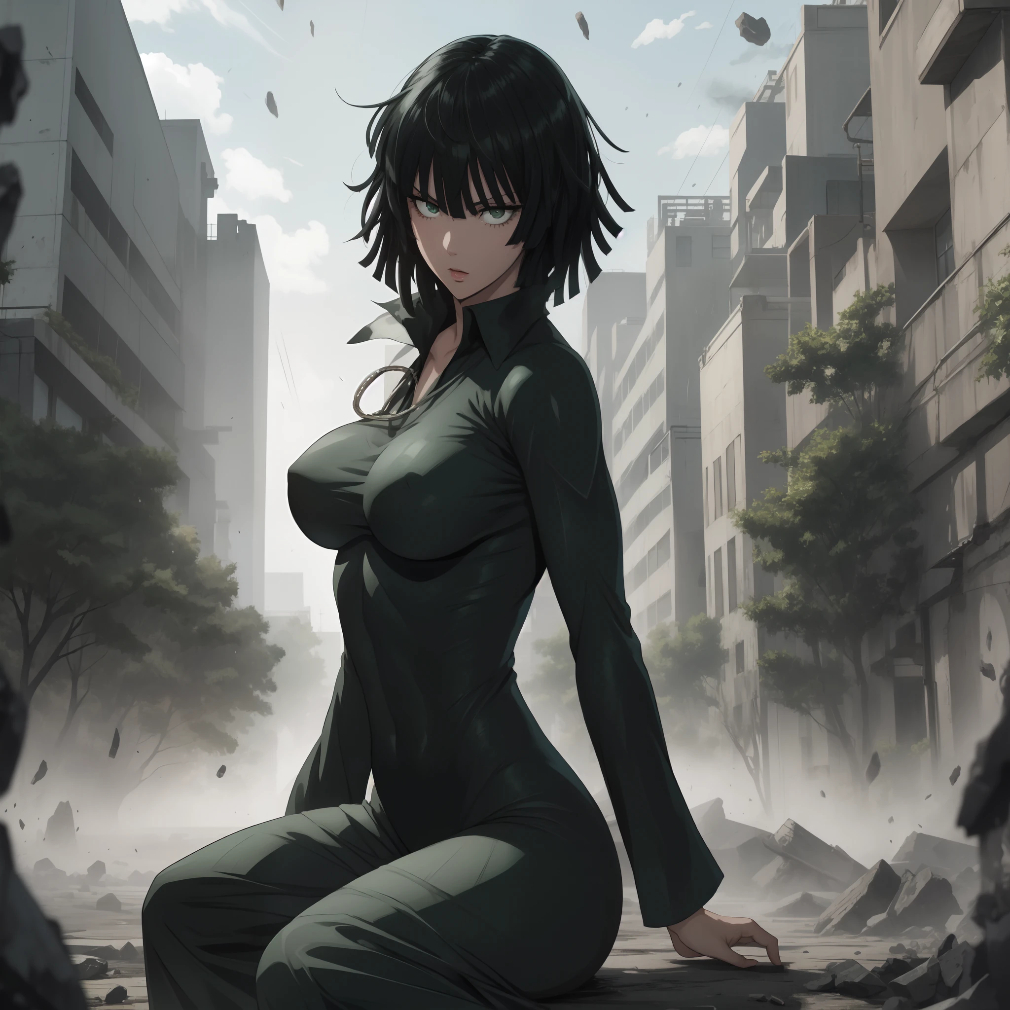fubuki from one punch man, green eyes, short deep green hair, wearing V-neck bodysuit, sitting on a destroyed city, cinematic shadow, cinematic fog, rainy weather, blushing cheeks, joyful expression, dynamic pose, big breast, big hips, NSFW. Big body, wet body,