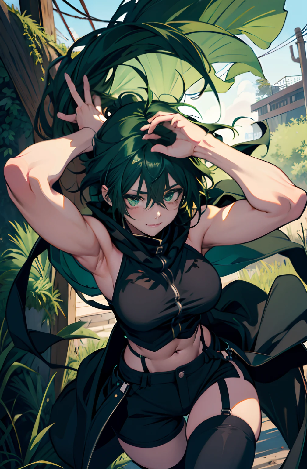Pure sky，mechanical leg，Black mechanical legs，Plump legs，Green gem setting，Anime girl standing gracefully on the ground，Black cape and green hair, rogue anime girl, Anime girl standing, Wearing a cloak on the blasted plain, asuka suit under clothes!, Cyborg girl, badass posture, mechanic punk outfit, anime styled 3d, render of a cute 3d anime girl, gapmoe yandere grimdark, Female character，musculature，Abs，Glowing green eyes，Black hair with green gradient，short detailed hair，Bunched hair，Dull hair，（Muscle 2.0），Tomboyish，Be red in the face，looking at viewert，Elaborate Eyes，Black mechanical legs，huge tit，1.5，ssmile，Openwork black silk，Straight big breasts，strappy，Black openwork hot pants，White bandeau，Toothless smile，Lower breast，Mechanical wind，There are no cities，Side breasts，Excitation，Top crotch，Sexy lower abdomen，Camel toes，Sexy underarms，ultra gigantic tits，Raise both hands，Tie your hair backhanded