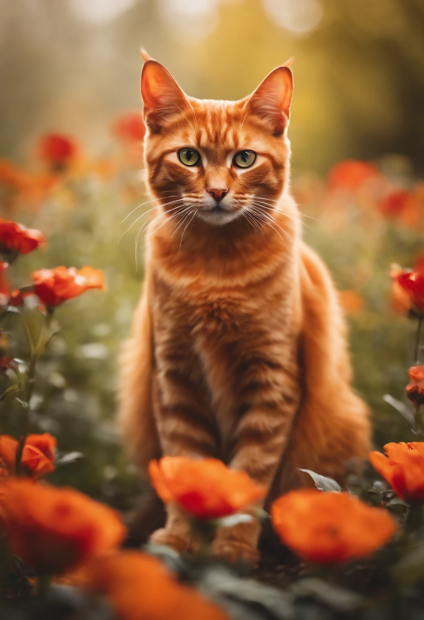 Pintura em estilo aquarela de um gato laranja deitado no canteiro de flores vermelhas
