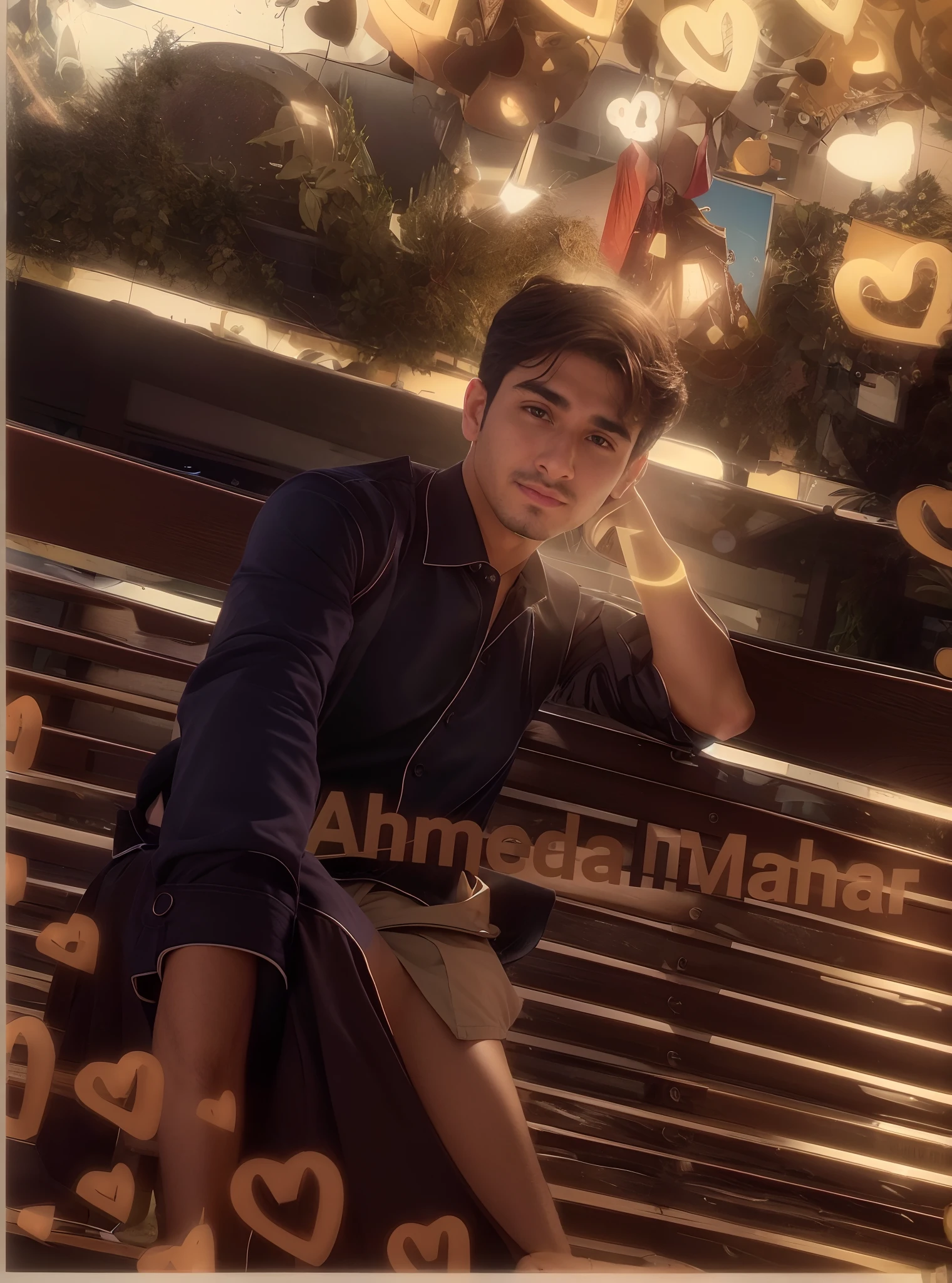 there is a man sitting on a bench with a picture on the wall behind him, amad, very very low quality picture, with lovely look, profile picture 1024px, handsome man, edited in photoshop, around 1 9 years old, instagram picture, front profile!!!!, ☁🌪🌙👩🏾, low quality video, handsome and attractive