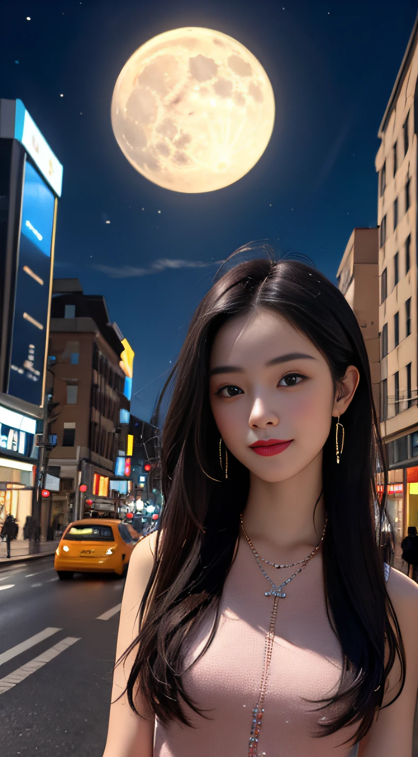 Happy smile when looking at this、18year old、Unreal Engine:1.4,nffsw,best qualtiy:1.4, Photorealista:1.4, Skin texture:1.4, masterpiece:1.8,, dynamicposes, b, Accessories for shiny hair, The long-haired, Bright earrings, Bright necklace, High-tech City, Full of mechanical and futuristic elements, Futuristic, tech, glowing neon、pink light, transparent tulle, laser, Digital background of urban sky, Big Moon, with vehicle, best qualtiy, masutepiece, 8K, character edge light, Super High Detail, hightquality, the most beautiful woman in human beings, micro smile, Facial symmetry, , beautiful pupil light effects, visual data、(mano:1.4)