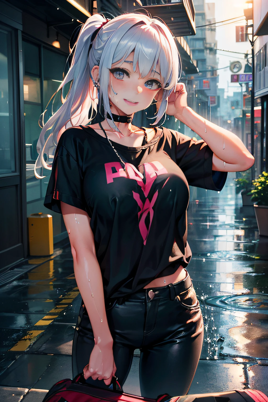 sologirl,Carry the electric guitar case on your shoulder,Back alley in heavy rain,Drenched bad girl,piercings,Punk rock fashion,Punk rock shirt with chain,Punk rock pants with chain,a choker,Intense body movements,Add a motion blur effect to simulate motion,(The whole body is soaking wet,Rainwater dripping from the face,Wet face,wetting hair,Wet and glowing skin,Soaking wet costumes,),(shiny silver hair,Short ponytail),(The composition of the princess's face,big eye,Pointed lips,red lipsticks,Cute round face,A smile that makes the viewer happy,blushing with embarrassment,red blush,),(Bold poses,(The 8k quality,masutepiece,top-quality,Ultra-high resolution output image,),intricate detailes,(Highly detailed raw photos:1.3),(Image Mode Ultra HD),