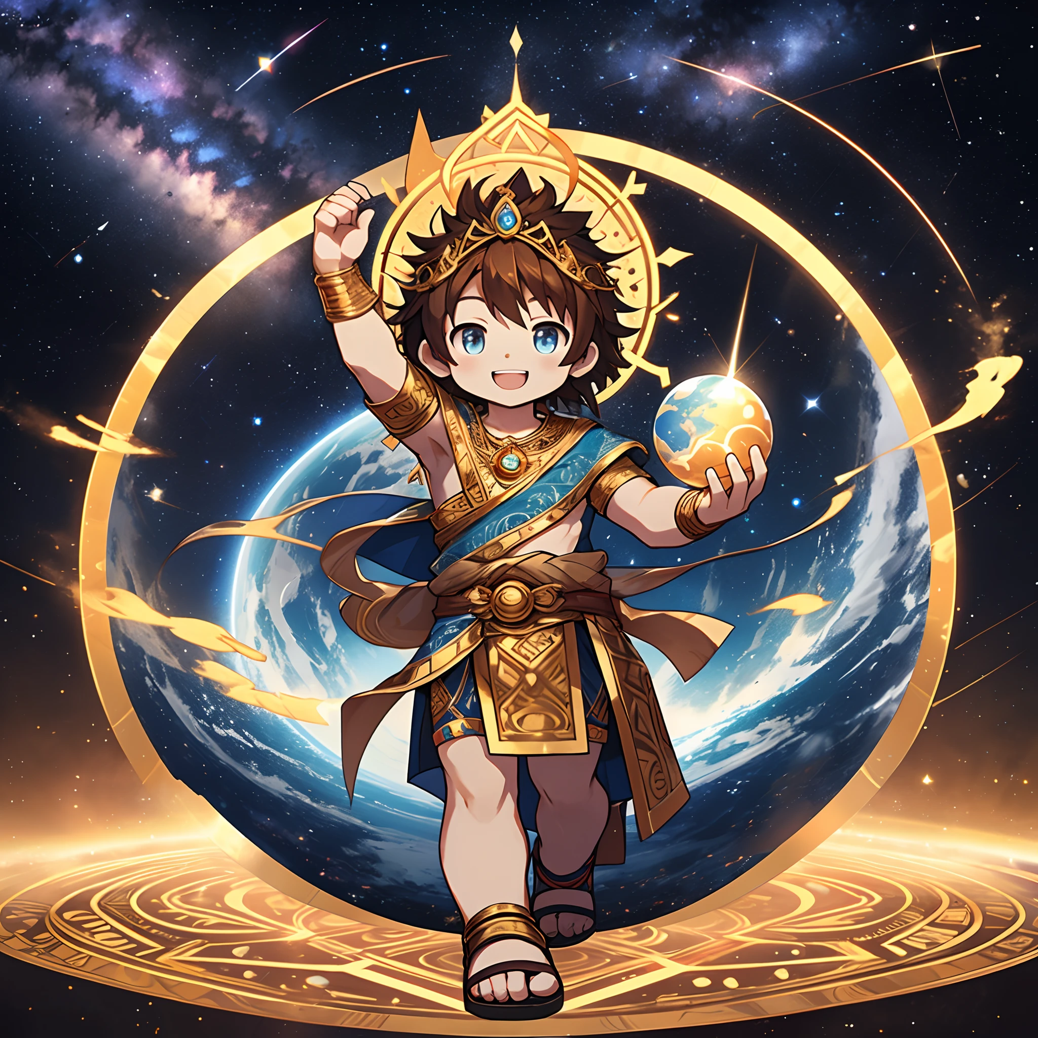 top-quality, masterpiece, High-density illustration, Full Body Display, (The Great Male God of Creation of the Universe), Chibi Character, Smile with open mouth, Brown hair, (Looking at the camera from the front, Beautiful contrast of colors), God of ancient Greek mythology々gorgeous costumes, Tiara on the head, Stand on a magic circle floating in the sky:1.2, Wearing sandals, Holding a random object in your hand, (Ring of light on background:1.1, Blue globe in the center of the ring, The Milky Way in the constellation and the space around it)