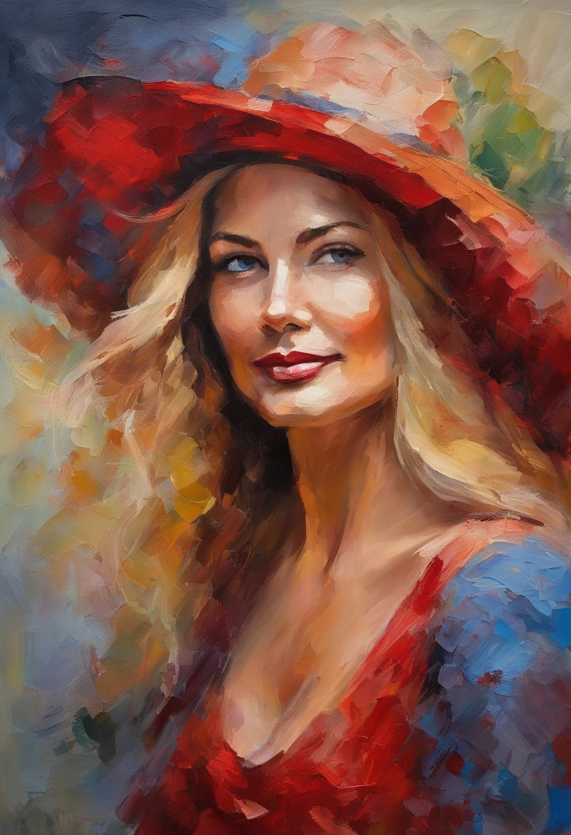 Female portrait, very beautiful woman, long blond hair, smiling eyes, looking right at the point of view, red hat, acrylic painting, bold and expressive brushwork, impressionistic style, detailed face, epic background, expert lighting and shadows, fine art painting.