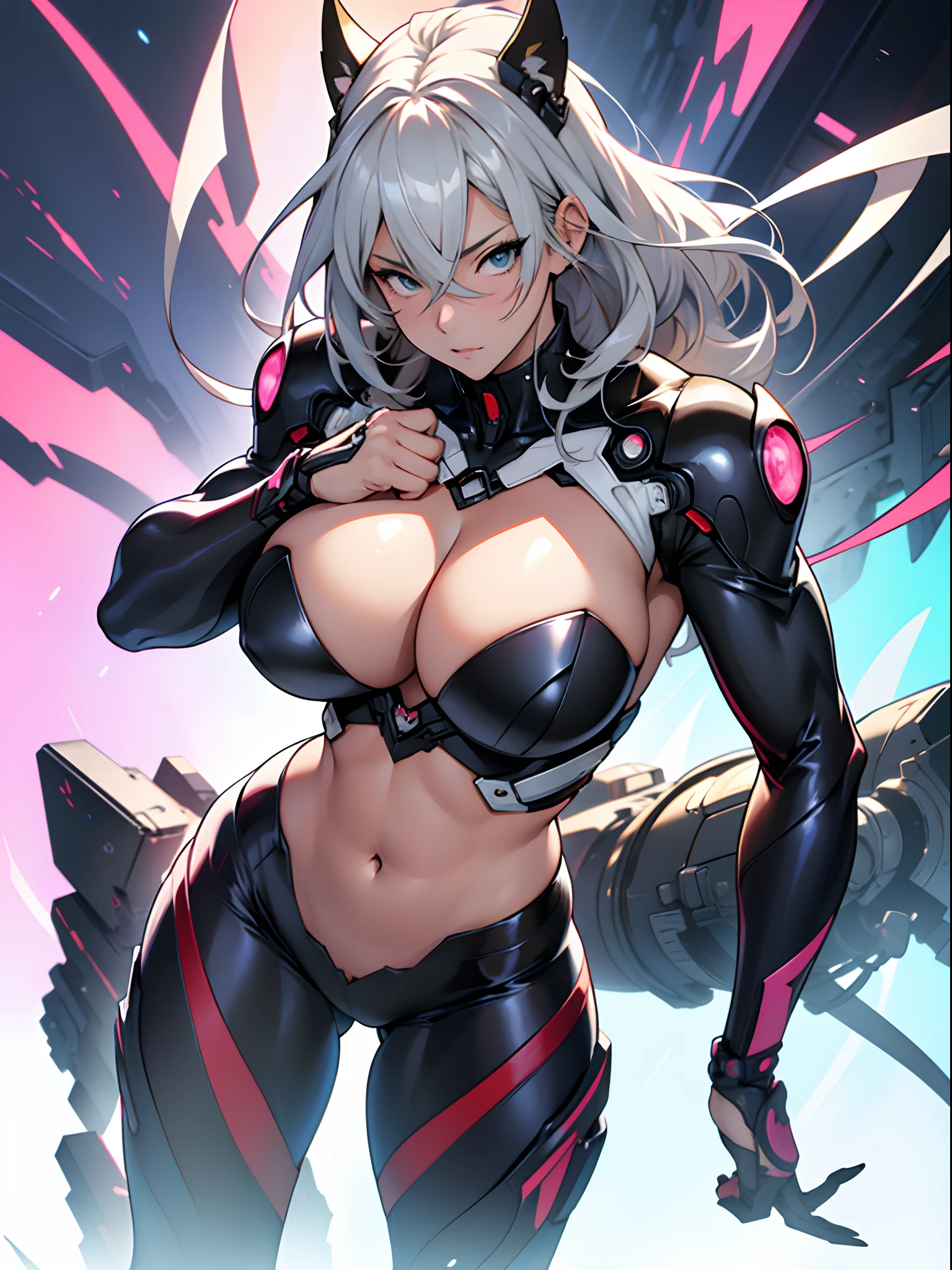 Anime characters posing, Seductive Anime Girl, biomechanical oppai, shinny skin, oppai, oppai proportions, Curvaceous body, White shiny skin, Perfect silver-haired girl, smooth anime cg art, masterpiece, ultra-detailliert, in 8K, hiquality, Top image quality, digitial illustration, Center, Sharp Focus, art by:hyung tae kim, Full body shot, intricate detailes, rubbersuit, large full breasts, Colossal tits, 1人の女性, The chest is dewy, Exposing the chest, Depiction of dense hair, Detailed eye depiction, Lively fighting poses, Lively battle poses, Glamorous woman, exposing the skin, Abstract, variegated and colorful background, Don't draw buildings in the background, Japanese anime, colourfull, various colors, Fleshy body line