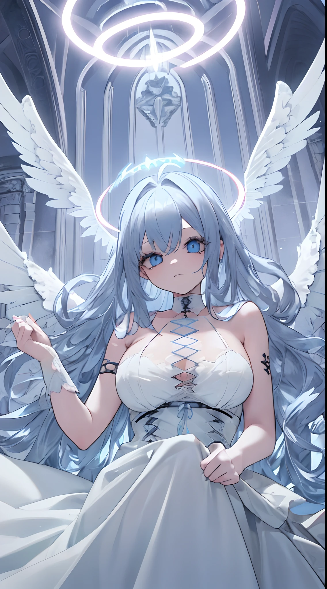 (masterpiece, best quality), 1lady, solo, (white scaly body), halo, wings,fallen angel, blue hair, loose waves, light blue eyes, big breasts, white dress, corset piercing, collar