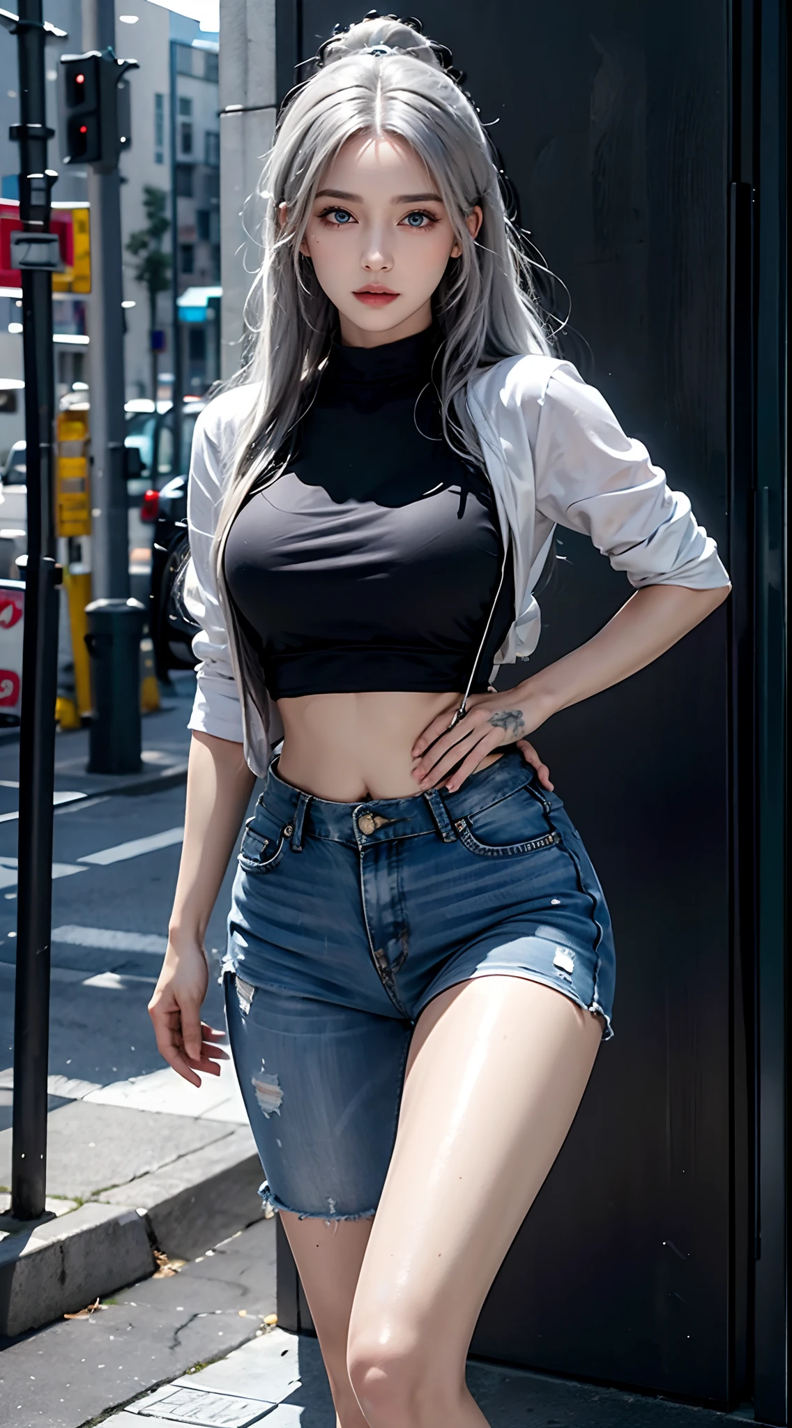 photorealistic, high resolution, soft lights, 1women, 25 years old, solo, hips up, blue eyes, vlack hair, long hair, jewelry, tattoo, street wear