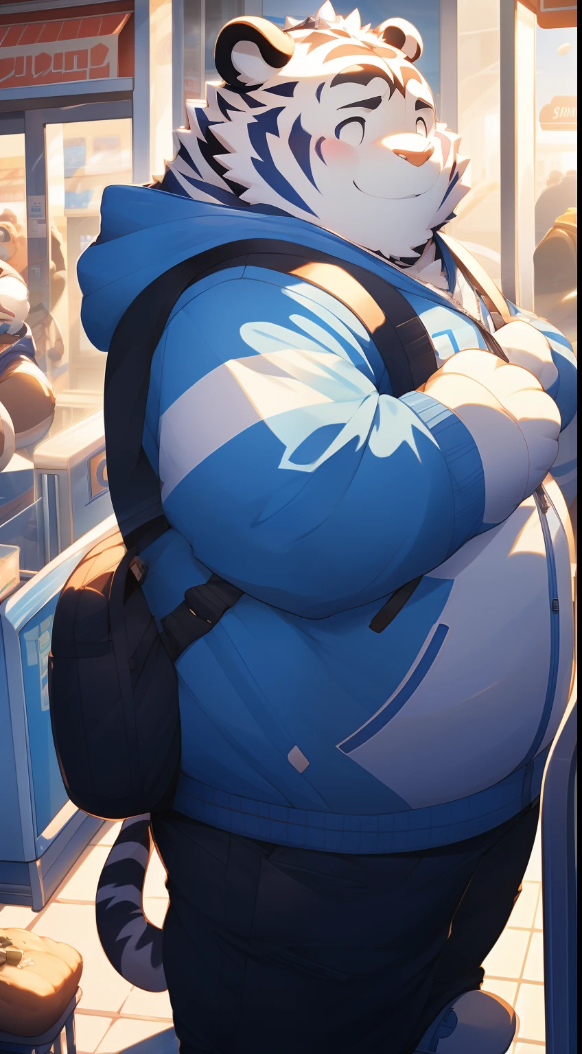 Anthropomorphic white tiger，male people，16 yaers old，Thick eyebrows，blue stripe，hairy bodies，Chubby body，Blue hoodie，Take the bread，Stand in front of a convenience store，ssmile，looking toward the viewer，adolable，Solo，Side angle，Full body photo