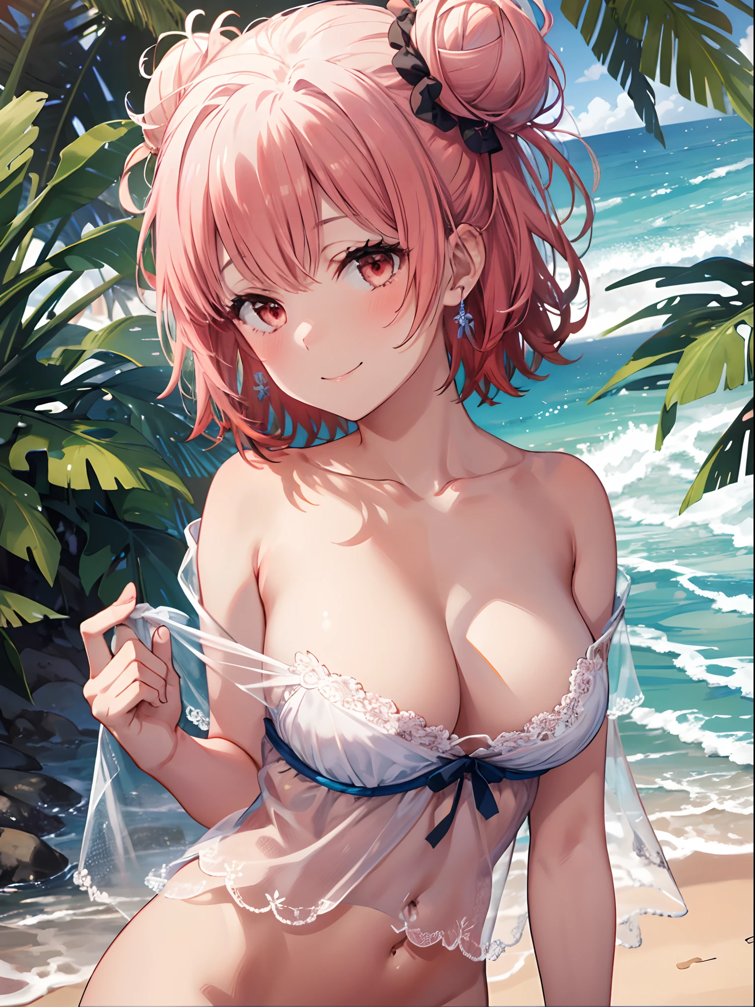 1girl in, (Chiquita:1.2), 1girl in, 
yui, pink hair, hair bun, 
(Close Shot, Best Quality, hight resolution, 4K, Detailed Lighting, Shaders, NSFW), 
White camisole, 
Smiling, 
plein air, Beach,