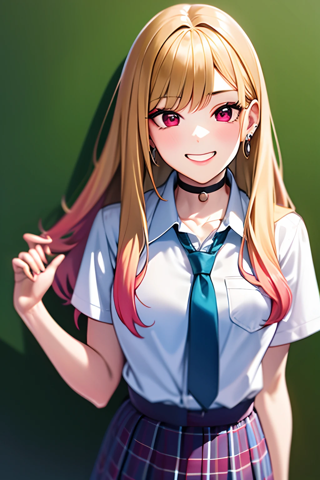 Masterpiece, Best quality, A high resolution, Kitagawa Marin, 1girll, Blonde hair, Long hair, multicolored hair, Red eyes, jewelry, Earrings, Piercing, school uniform, White shirt, tiedshirt, Black choker, a blue tie, plaid skirts, grin, Smile, standing, Cowboy shot, Outdoors,