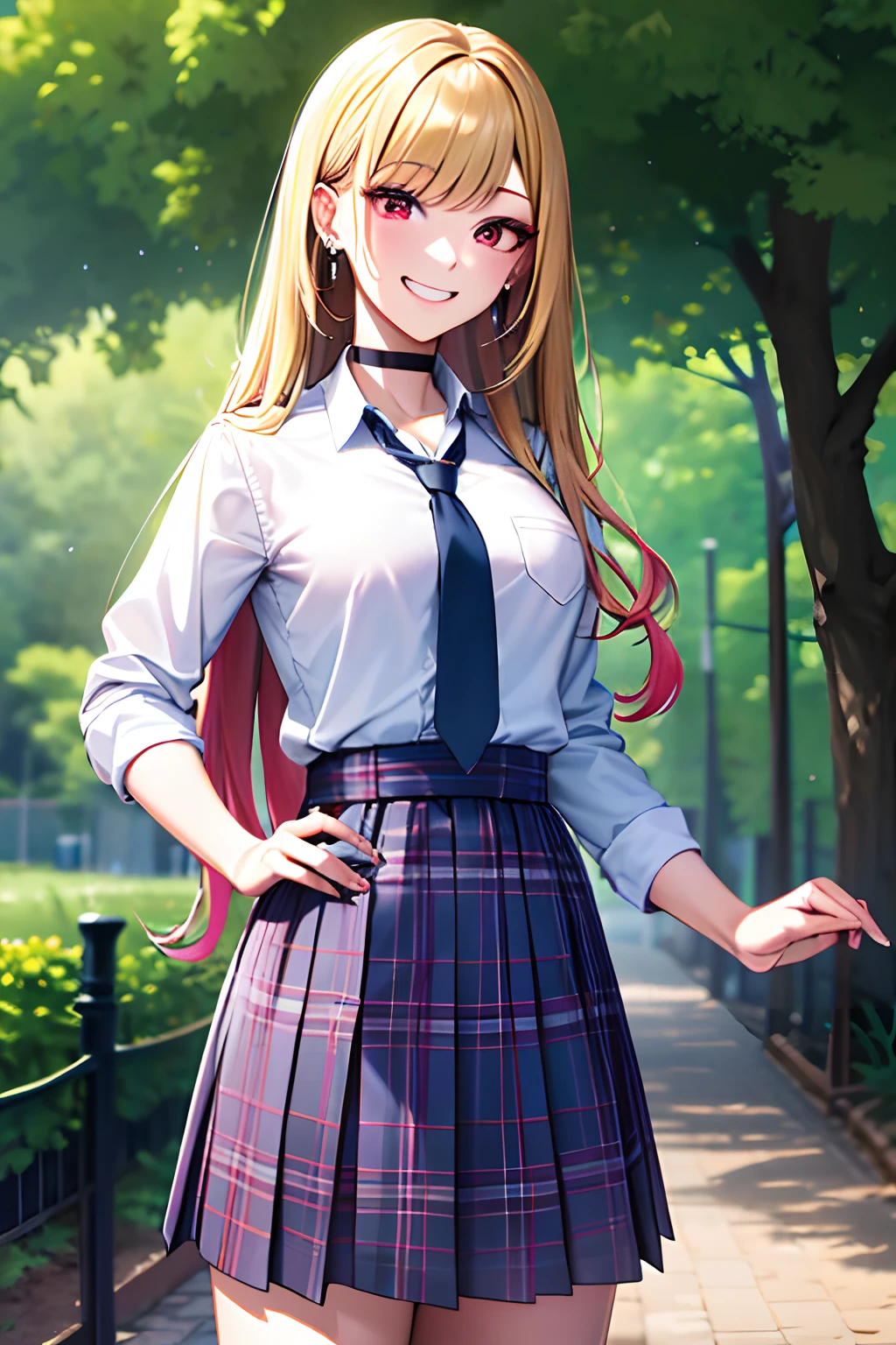 Masterpiece, Best quality, A high resolution, Kitagawa Marin, 1girll, Blonde hair, Long hair, multicolored hair, Red eyes, jewelry, Earrings, Piercing, school uniform, White shirt, tiedshirt, Black choker, a blue tie, plaid skirts, grin, Smile, standing, Cowboy shot, Outdoors,