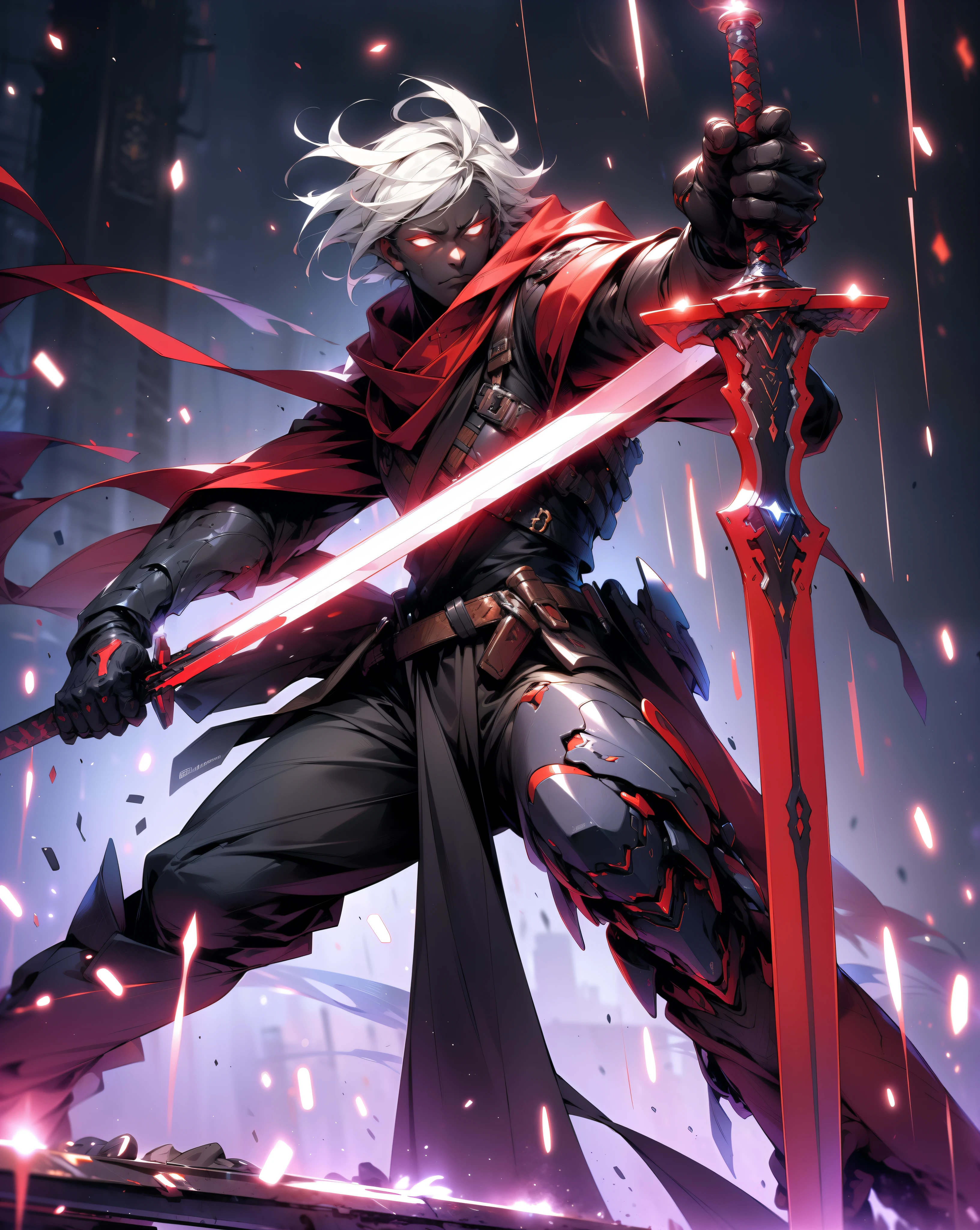 (absurdres, highres, ultra detailed), masterpiece, best quality, a boy in a white jacket, holding a sword, solo, handsome, short hair, white hair, detailed face, combat stance, attack pose, wielding sword pose, abstract background, swirl, spark, magic vortex