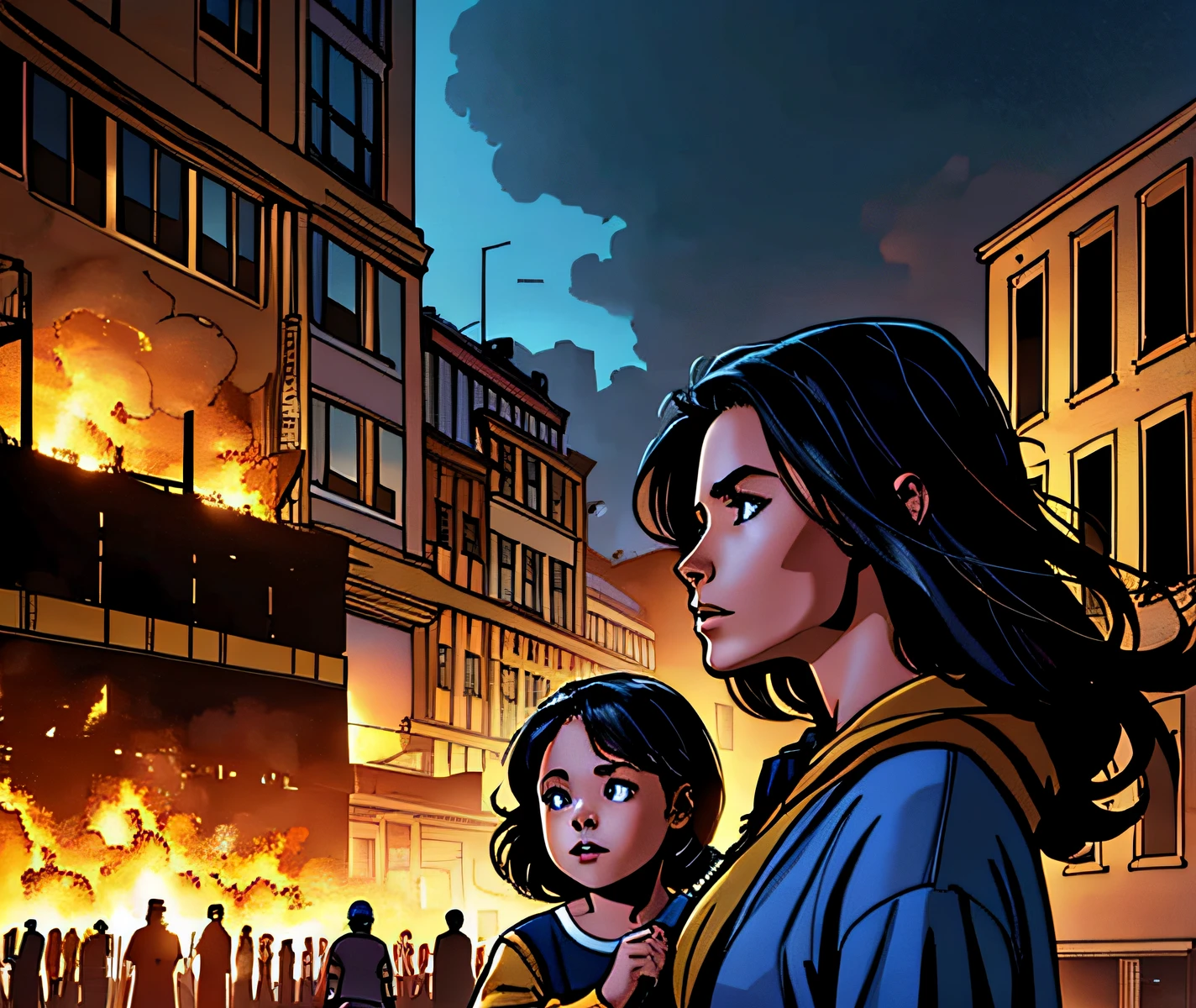 a young girl Alex holding a 4 year old child and brought her outside a burning building wearing a cardigan and jean and crowd cheers as Alex emerges from the building, crowd cheering unharmed., super high quality image, well detailed face, masterpiece