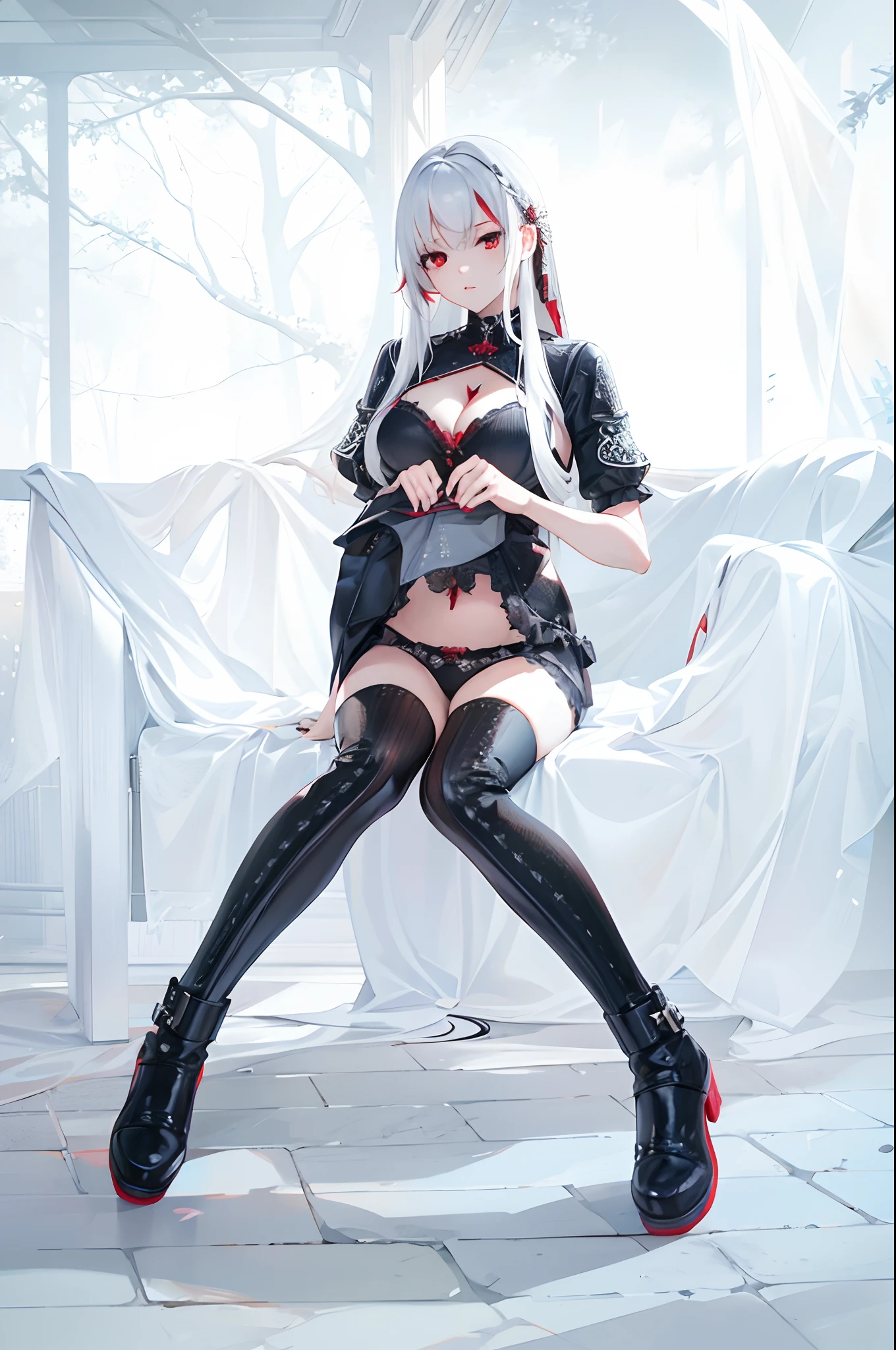 masterpiece,(bestquality),highlydetailed,ultra-detailed,cold,solo,1girl,bishoujo,stare,(red eyes:1.5),(beautiful detailed eyes:1.2),(long hair:1.2),(white hair:0.8),(silver hair:0.5),(Wing-like bangs:0.5),(Dull hair:0.5),(ahoge:0.5),(Hair rings:0.5),(braid:0.5)expressiveless,1girl,boots,breasts,cleavage,long hair,looking at viewer,medium breasts,panties,sitting,solo,thighhighs,underwear