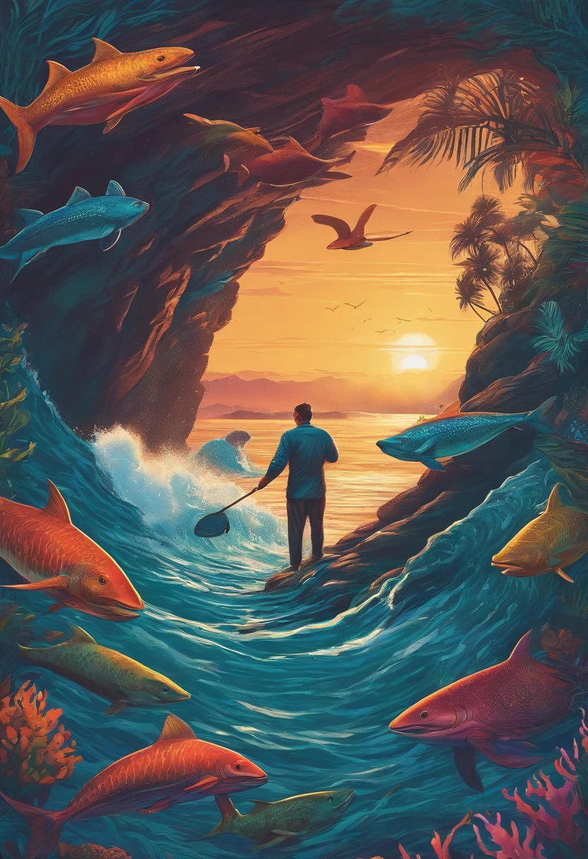 Homem no mar pegando uma onda junto com golfinhos