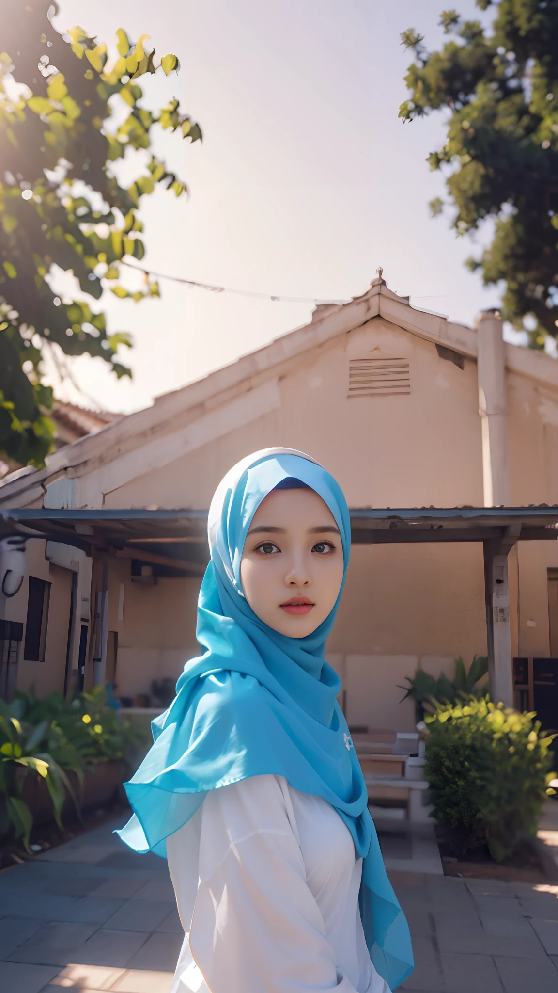 1girl, 21 years old, beautiful girl, (white shirt, pattern), collarbone, beautiful blue eyes, ((wearing hijab:1.4)), natural makeup, building,  realistic face ,(better lips, detailed nose ,detailed eyes ,cute face), looking_at_viewer, full body potrait, navel, necklace, half naked , most gigantic boobs, outdoors, summer, solo, window, summer, ((ultra detailed ,masterpiece ,hyper detailed, highest quality resolution, best quality, photorealitic ,cinematic light, bokeh)), beautiful korean girl, detailed_eye, face, detailed eyes