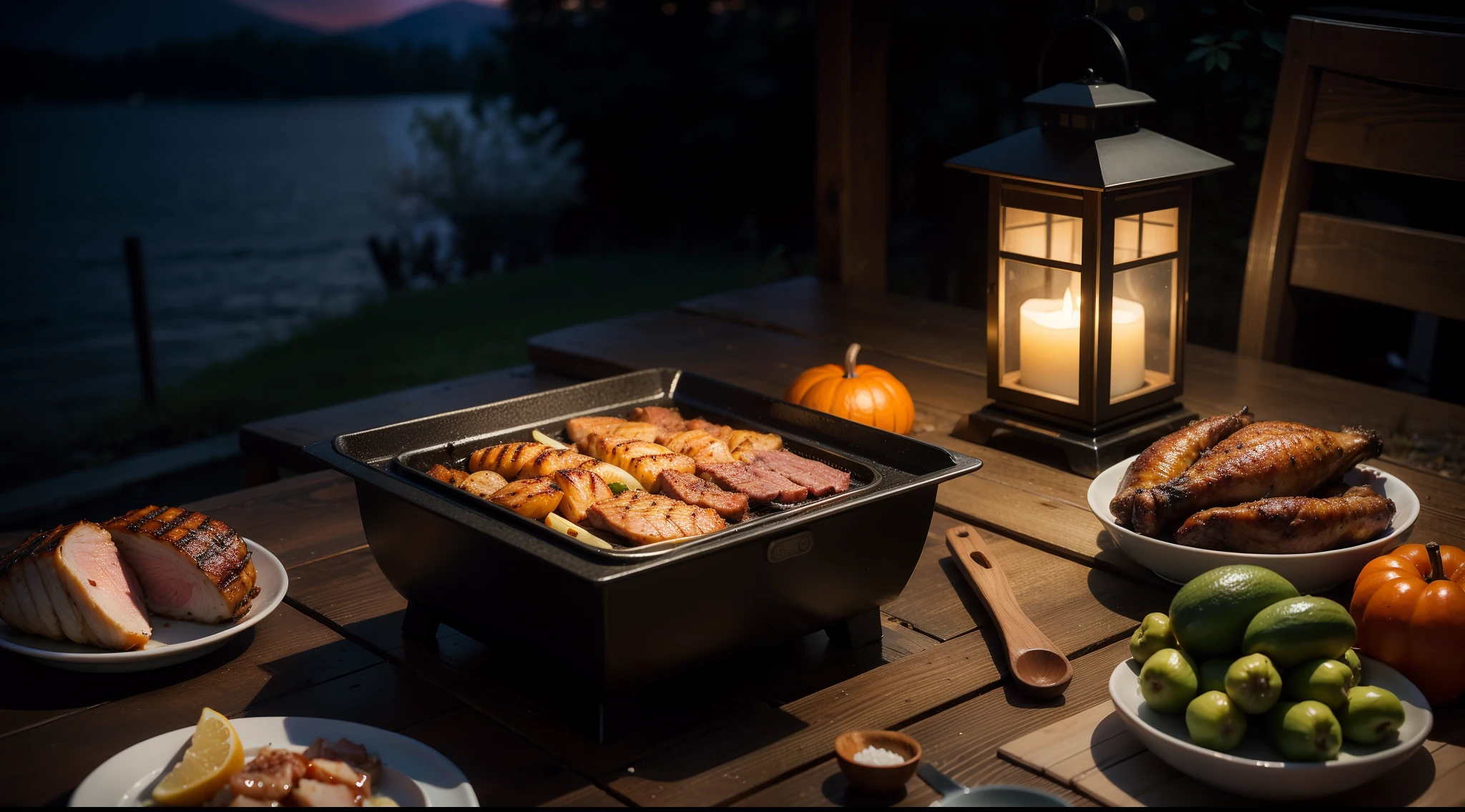 autumn night、by lake、(Best Quality,hight resolution:1.2),outdoor setting,Wooden cutting board with meat and vegetables,grill,Chicken on the grill,Himalayan Rock Salt Lamp,warm and inviting atmosphere,Soft warm light,lantern lighting,、Cozy and fun atmosphere,warm glow,BBQ,