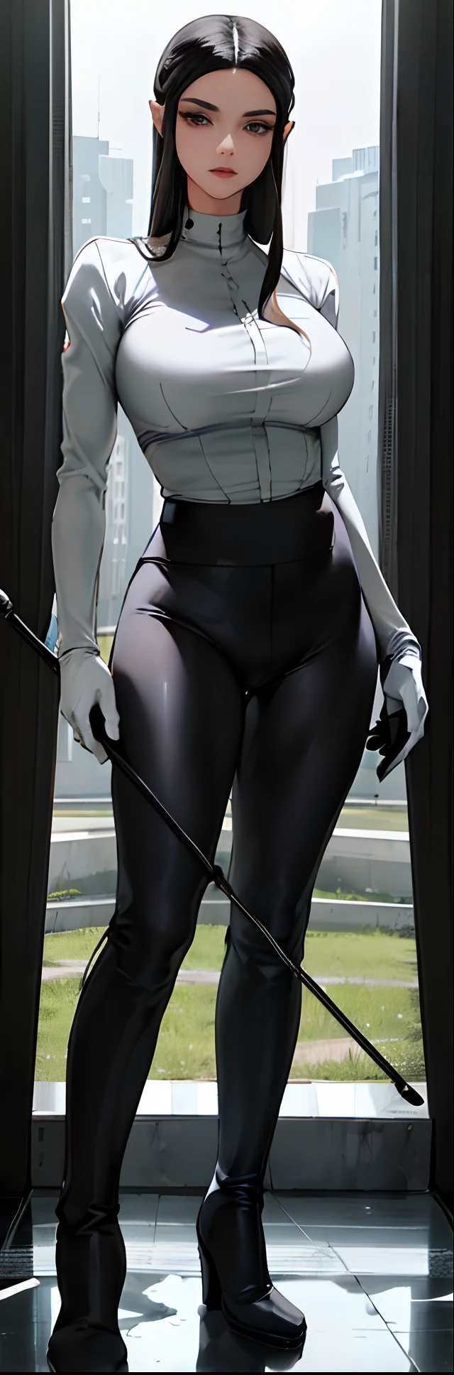 (highest resolution, distinct_image) best quality, a woman, solo, masterpiece, highly detailed, semi realistic, black cropped, black hair, bangs, 18 years old, mature, young, tall strong,(plain and simple uniform),( plain minimalist military uniform),(huge empty palace room background:1.2), cold, serious, tall, handsome, autocratic, powerful, exquisite facial features, exquisite facial features, (full body)(black knee-high boots:1.4)(dominatrix:0.3)(white Yoga pants:1.3),(black gloves:1.5)(long sleeves:1.2),(active white sportswear shirt),(princess Zelda),solo,1girl,(looking at viewer),(from below:1.4)(head turned upwards:0.3)(smiling:0.4)(bodysuit:0.1)(holding riding crop:1.2)(other hand empty)(muscular:0.2),(black belt), (shirt tucked in pants),(standing on ground), (marble floor), cold light, harsh light,