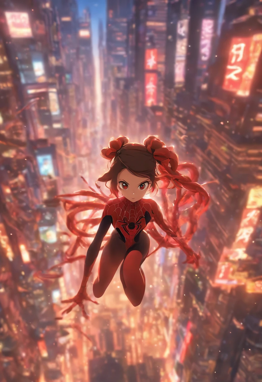 pink spiderman costume, brown short hair, black eyes, female, Scene standing on the rooftop, 1 person, high quality