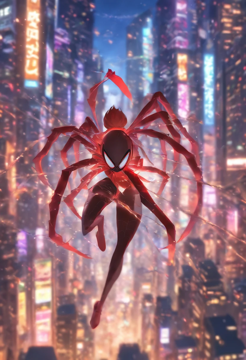 (masterpiece, best quality), intricate details, 8k, artstation, wallpaper, official art, splash art, sharp focus,, 1girl, long hair, twin tails, red eyes, brown hair, ,  spider suit, spider web printing, spider web,  , skyscrapers, city, buildings, cars, street,